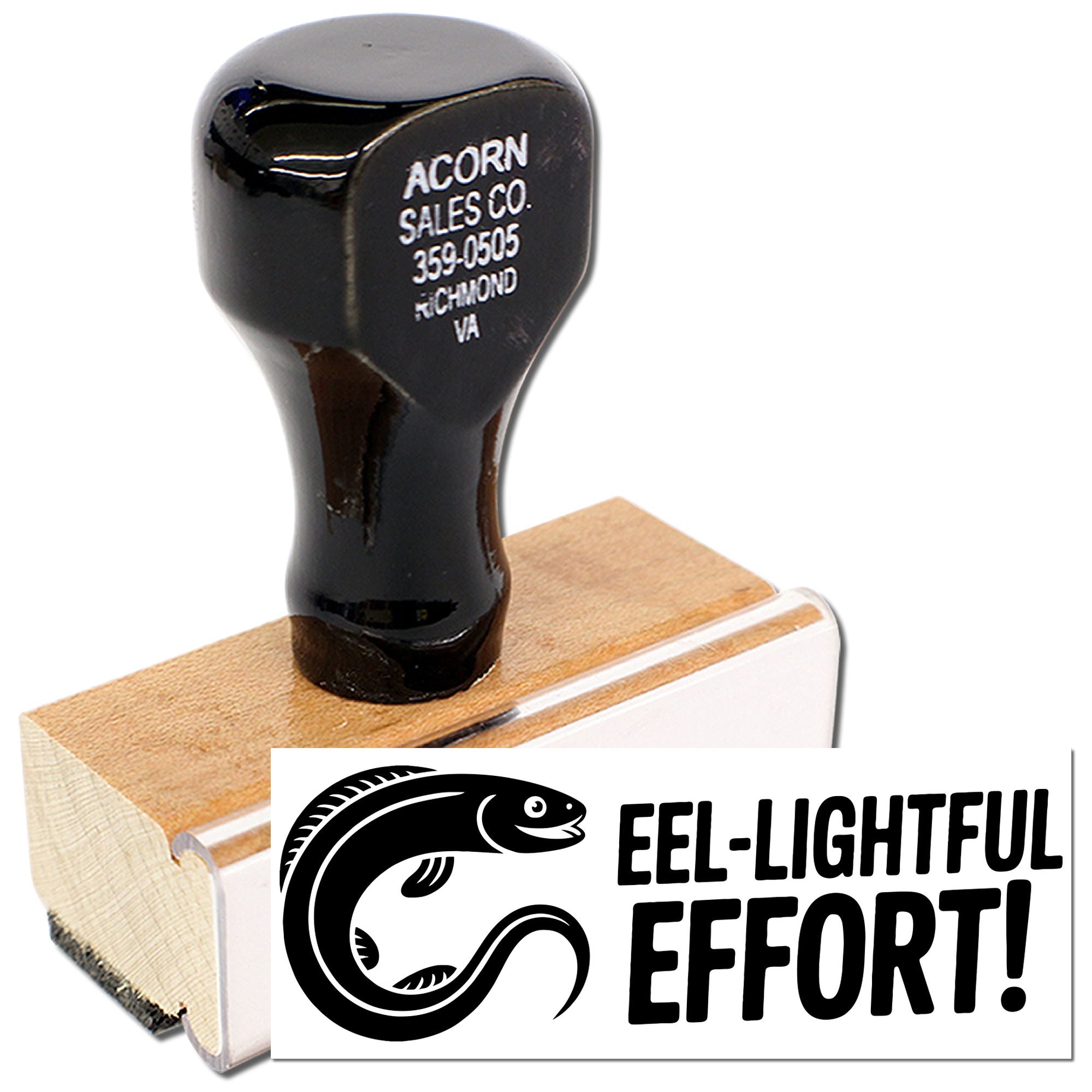 Custom rubber stamp with eel illustration and Eel-lightful effort! slogan for novelty business packaging.