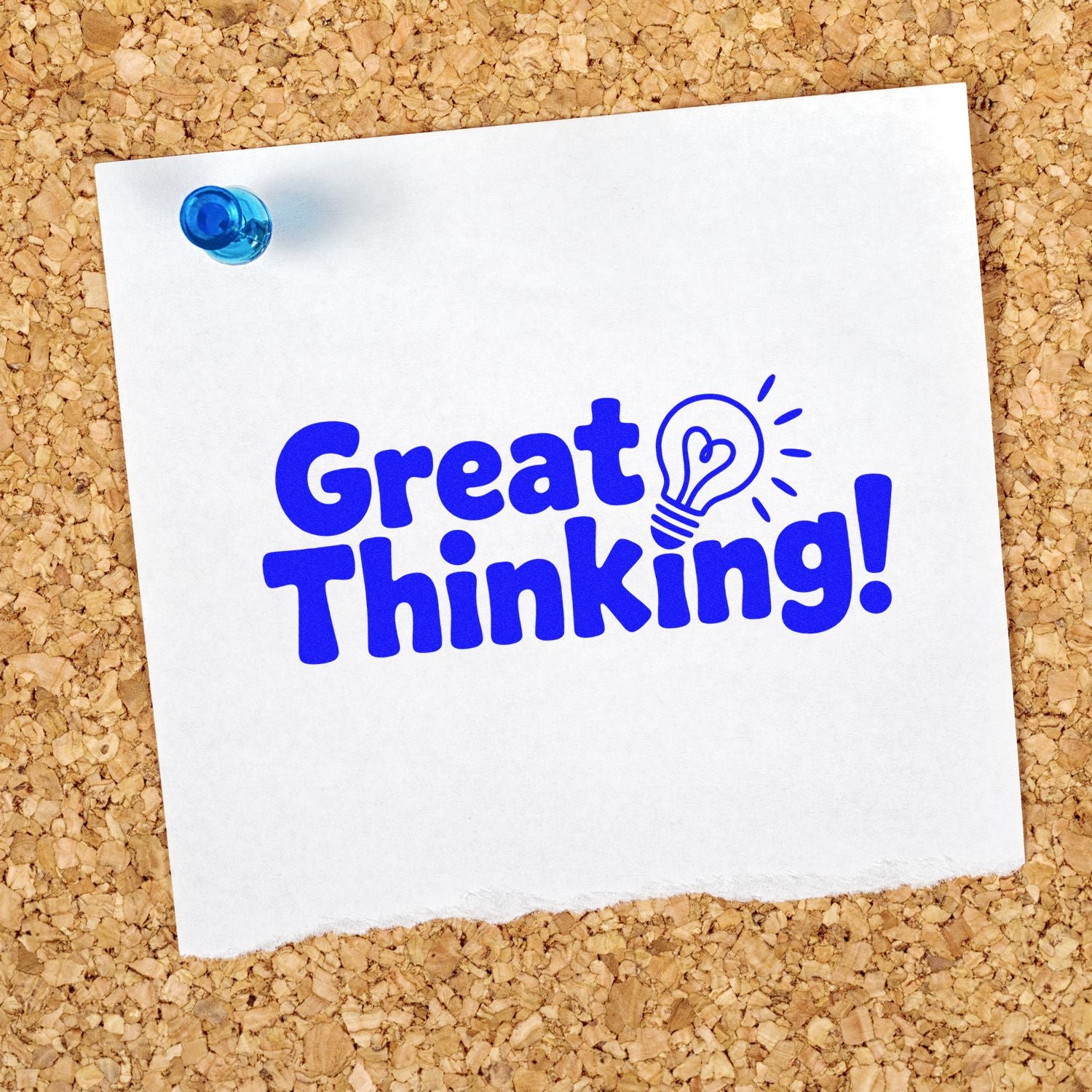 Great Thinking rubber stamp design with lightbulb icon on pinned paper for creative feedback and office approval.