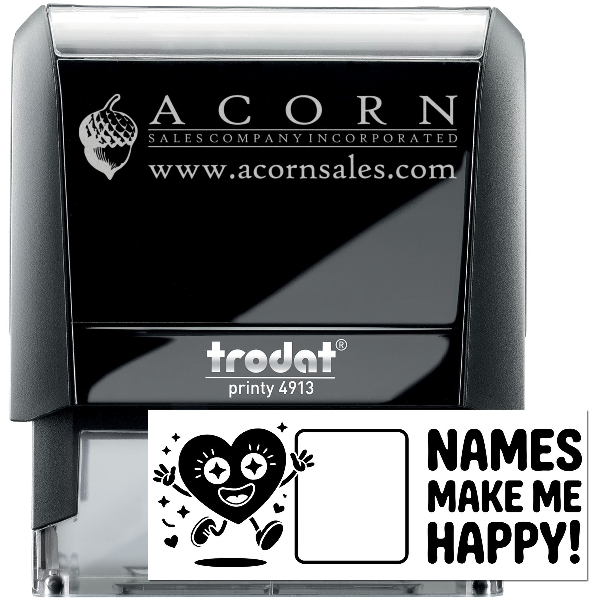 Custom self-inking rubber stamp with logo and Names Make Me Happy! design, ideal for business branding and gifts.
