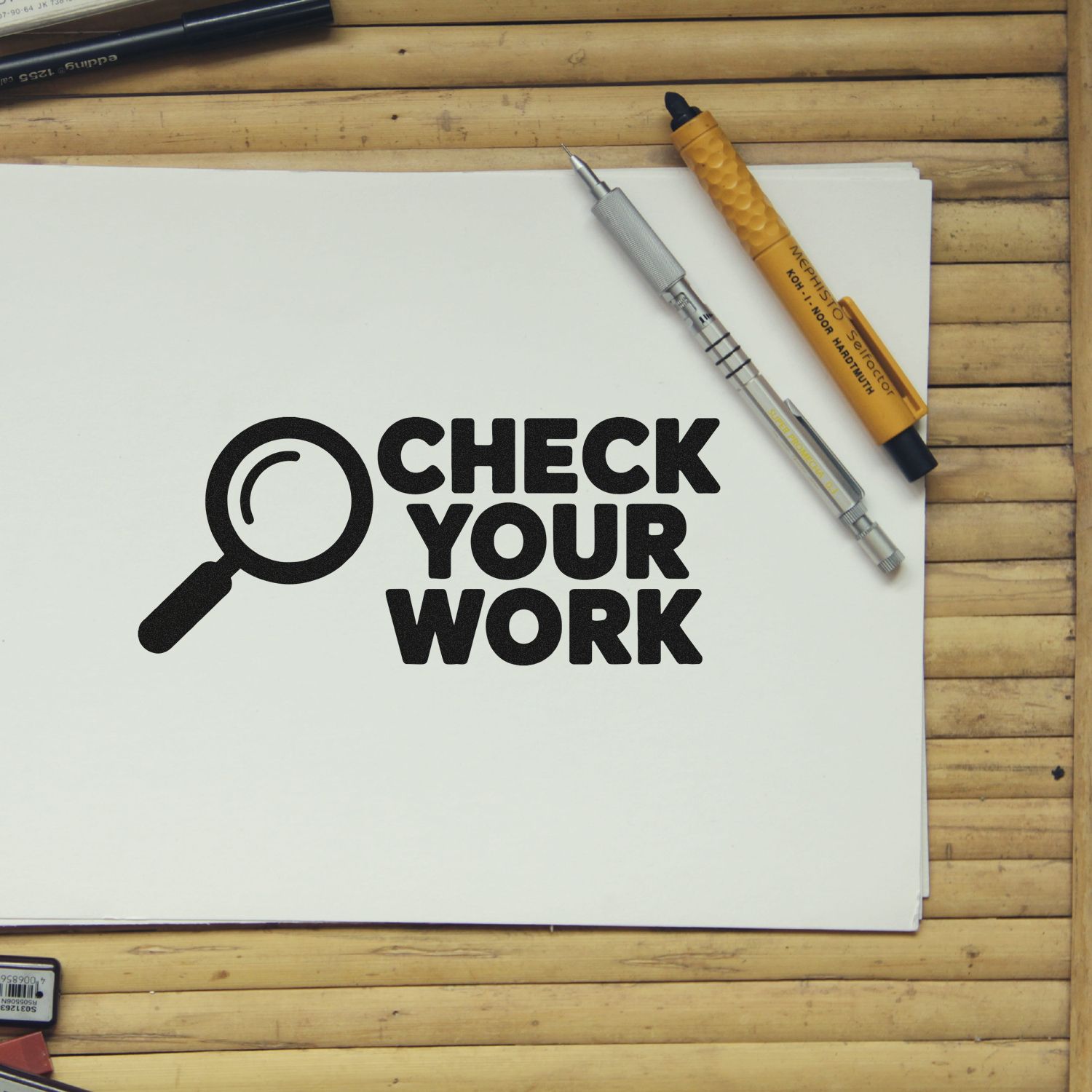 Proofreading rubber stamp design reading Check Your Work with magnifying glass icon for office quality control.