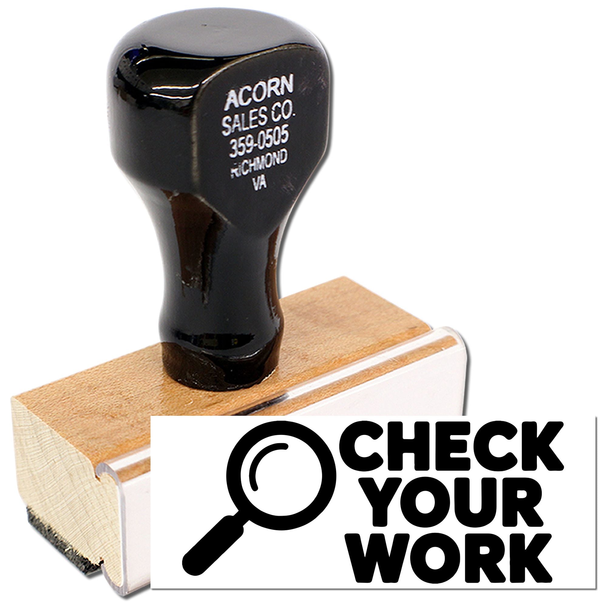 Custom rubber stamp with Check Your Work message, ideal for document proofing, office quality control, and business use.