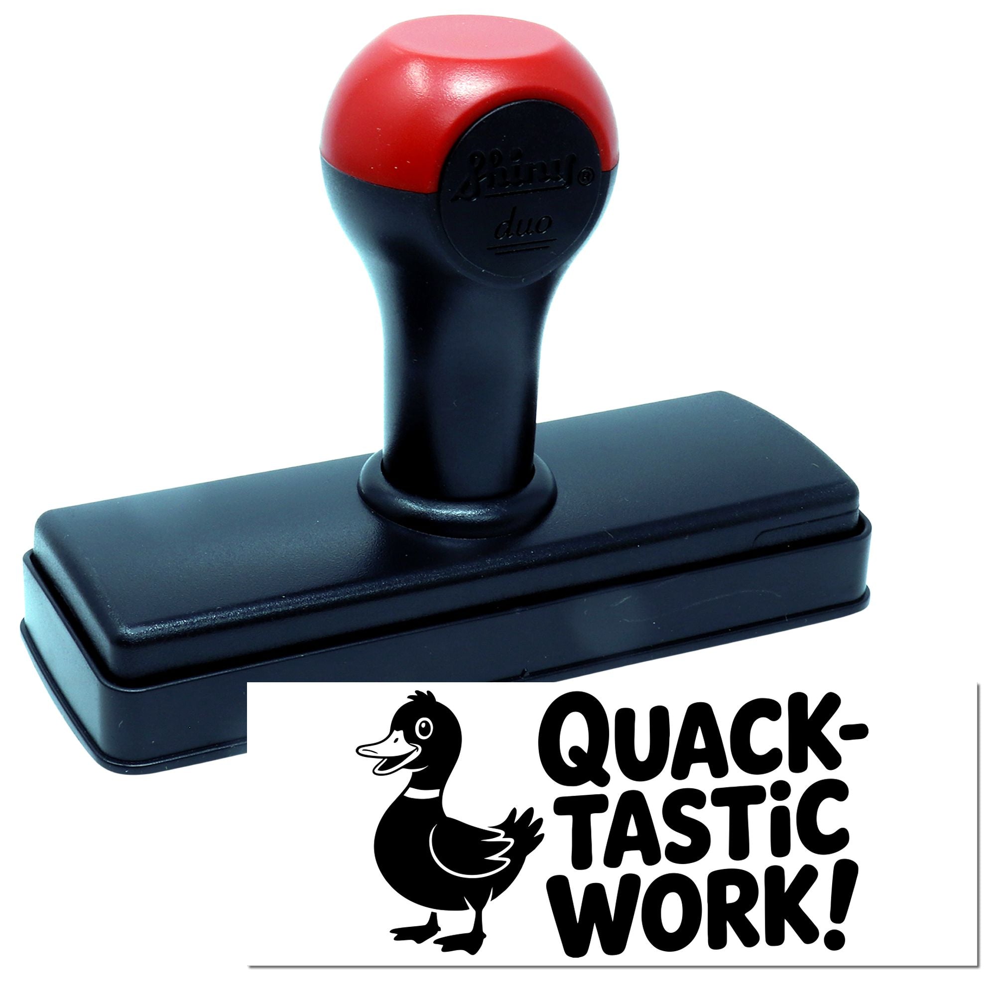 Custom self-inking rubber stamp with duck logo and Quack-Tastic Work! design for teacher rewards and office use.
