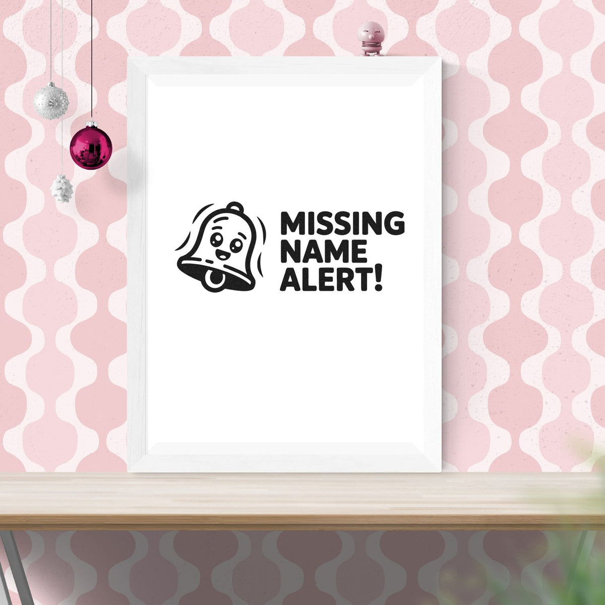 Missing Name Alert! bell rubber stamp design displayed in a framed mockup on a pink patterned wall.