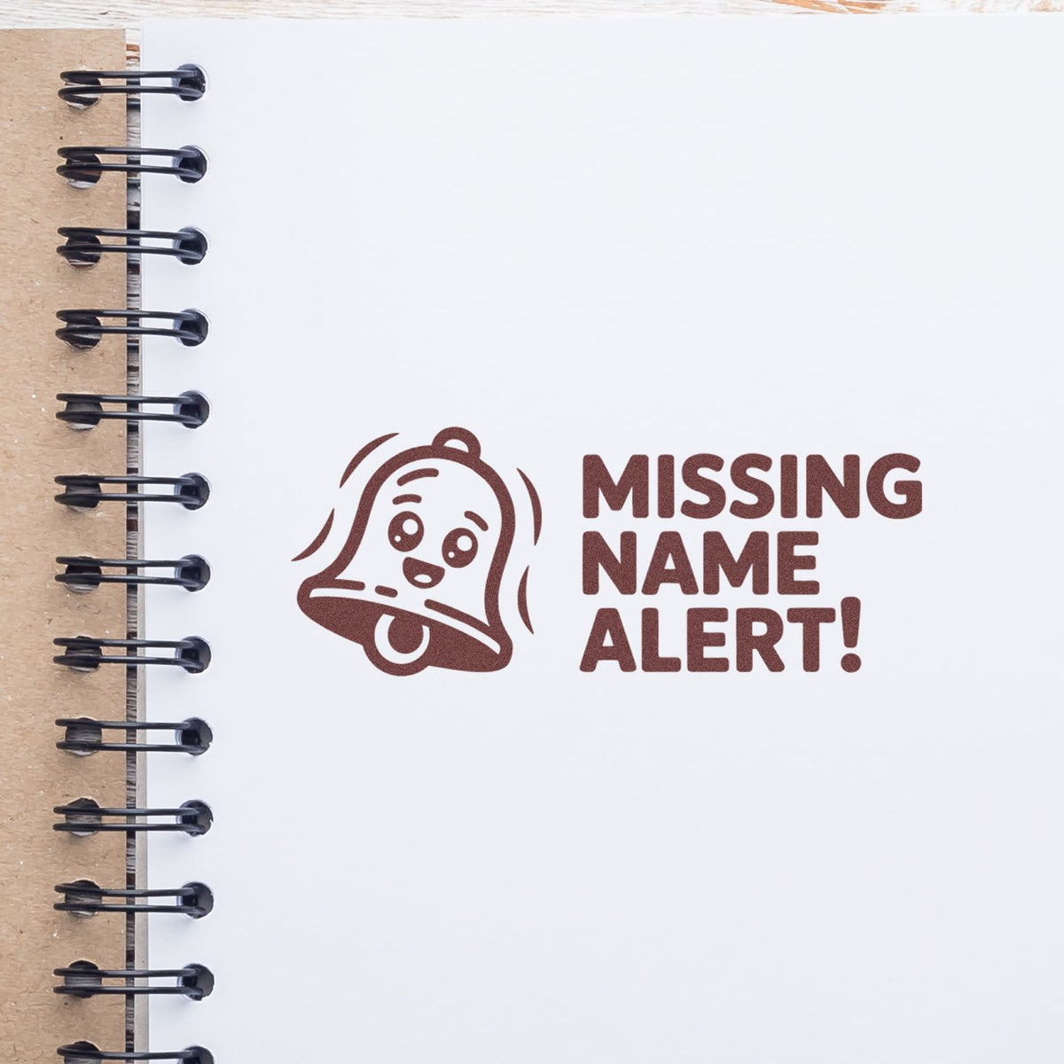 Missing Name Alert rubber stamp design with bell icon, ideal for notebooks, labels, and personalized stationery.