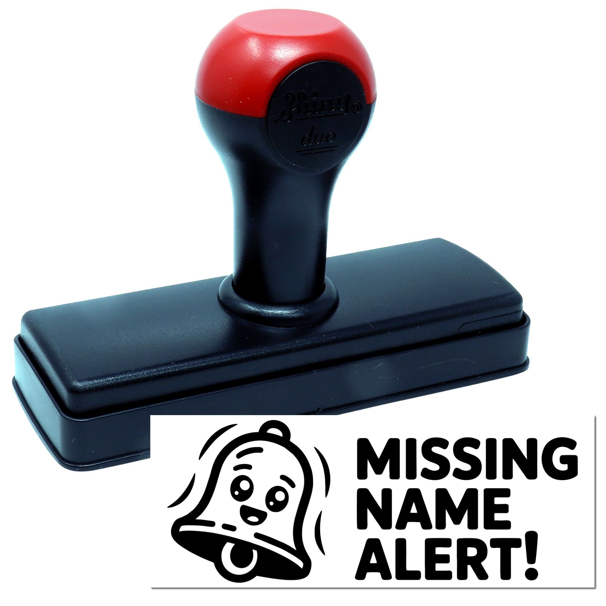 Missing Name Alert rubber stamp with bell icon for labeling unclaimed items or school supplies.