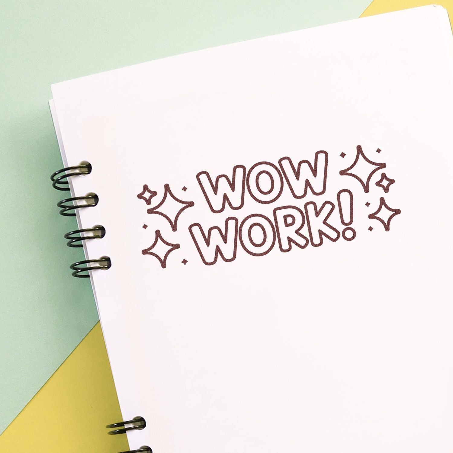 Wow Work! motivational rubber stamp on notebook page, perfect for planners, journals, scrapbooking, and office use.