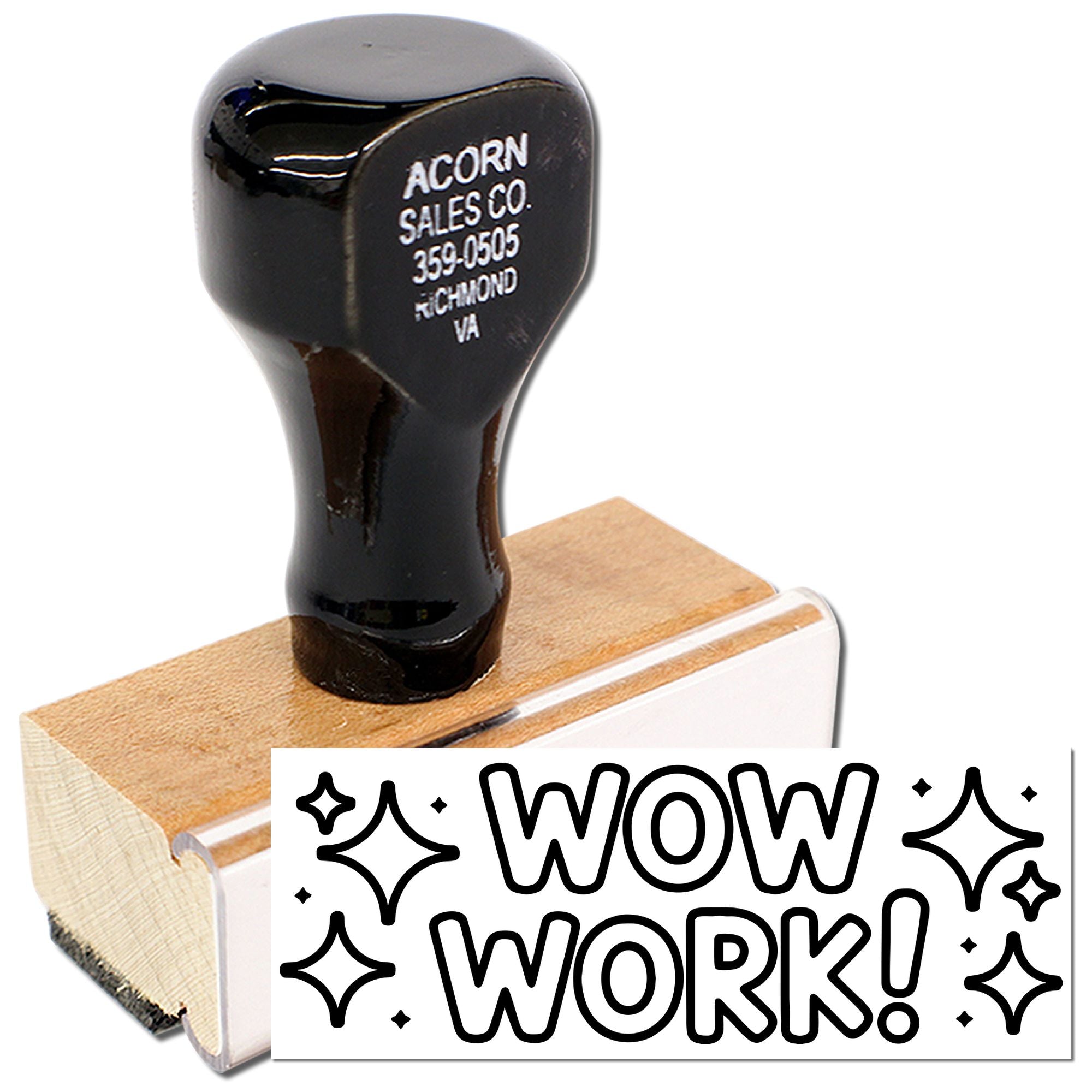 Wood handle rubber stamp with WOW WORK design for office approvals, packaging, and motivational branding.