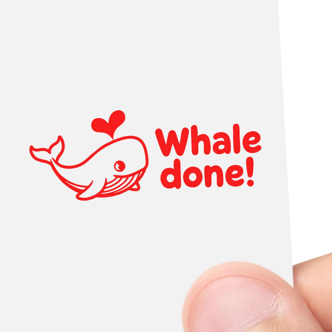 Whale Done! red custom rubber stamp design with whale graphic for teacher rewards, office praise, and fun approval messages.