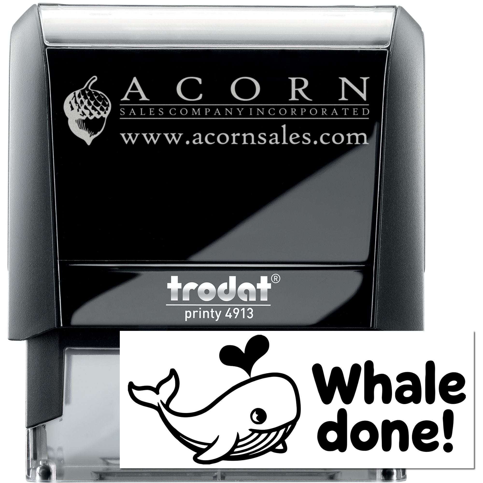 Custom self-inking rubber stamp, Trodat Printy 4913, with Acorn Sales logo and whale done! design for business branding.