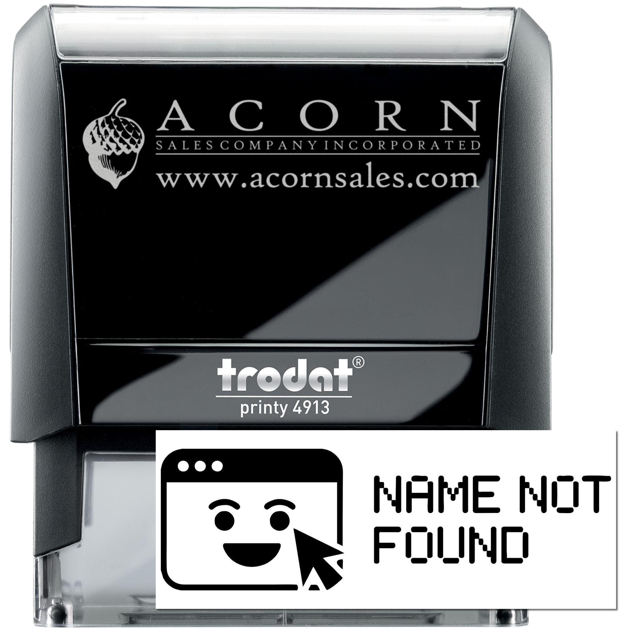 Custom self-inking rubber stamp with Acorn Sales Company logo, website, and Trodat Printy 4913 case.