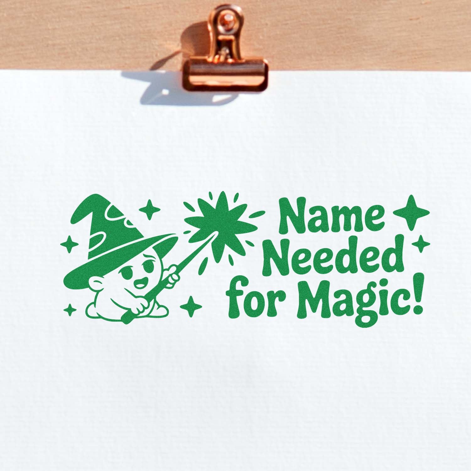 Custom rubber stamp imprint with wizard and Name Needed for Magic! text for personalized magical party favors and crafts