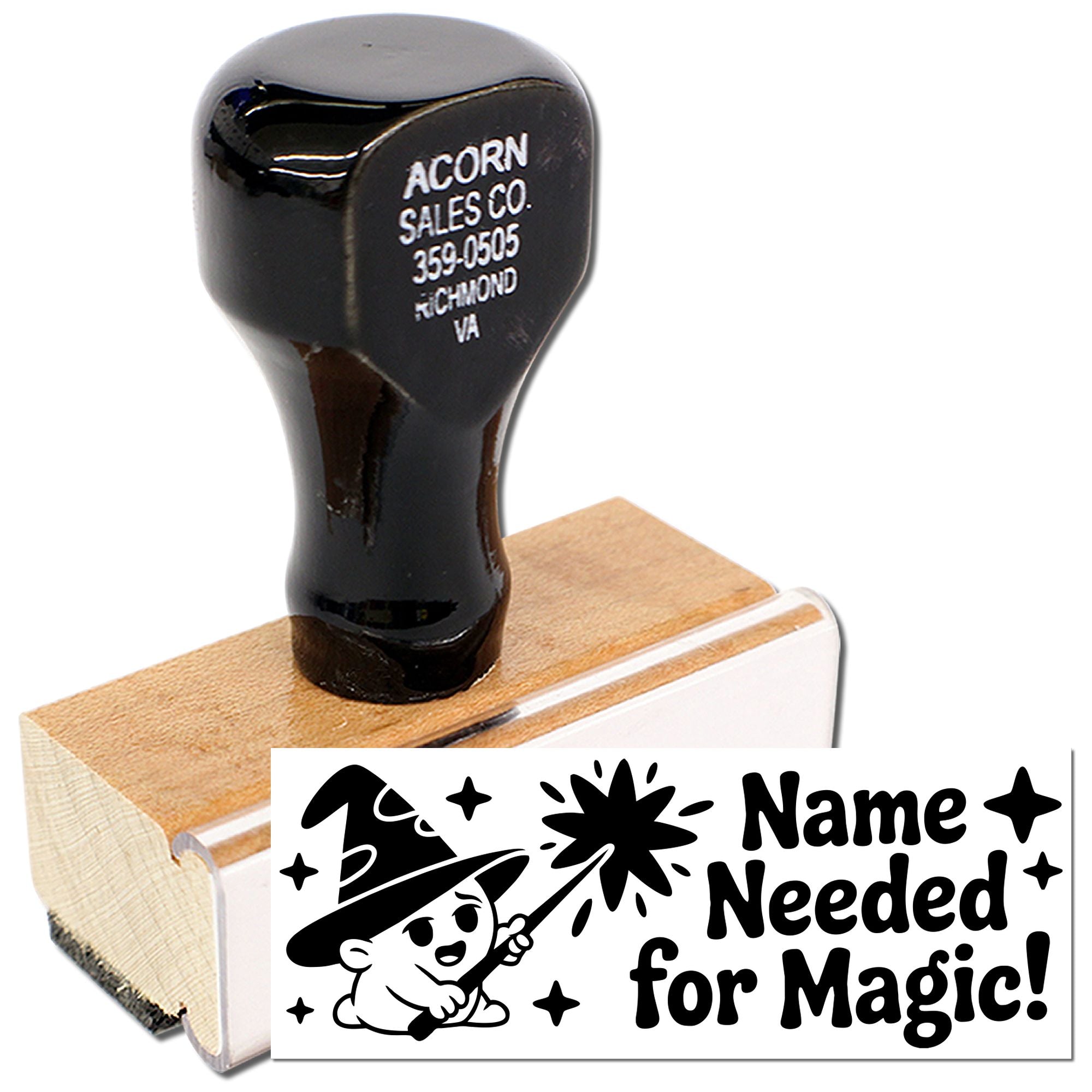 Custom rubber stamp with wizard design and Name Needed for Magic text for personalized teacher or craft projects.