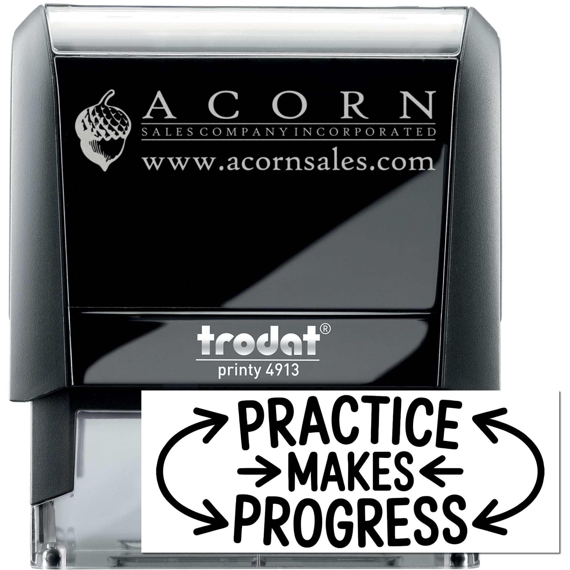 Custom self-inking rubber stamp with Acorn Sales logo and Practice Makes Progress imprint, Trodat Printy 4913.