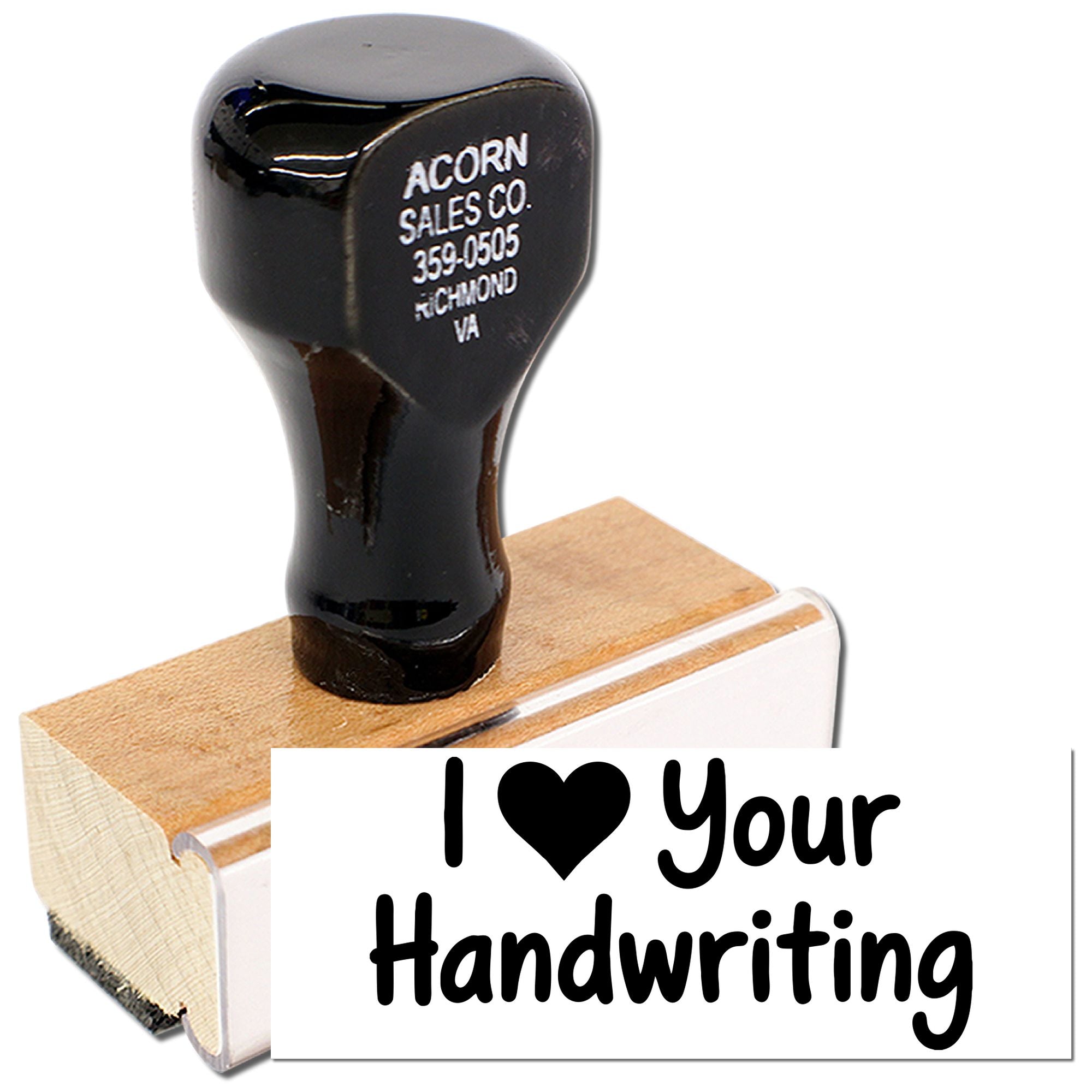 Custom rubber stamp with I love your handwriting design on wooden block for personalized office, teacher, or note stamping.