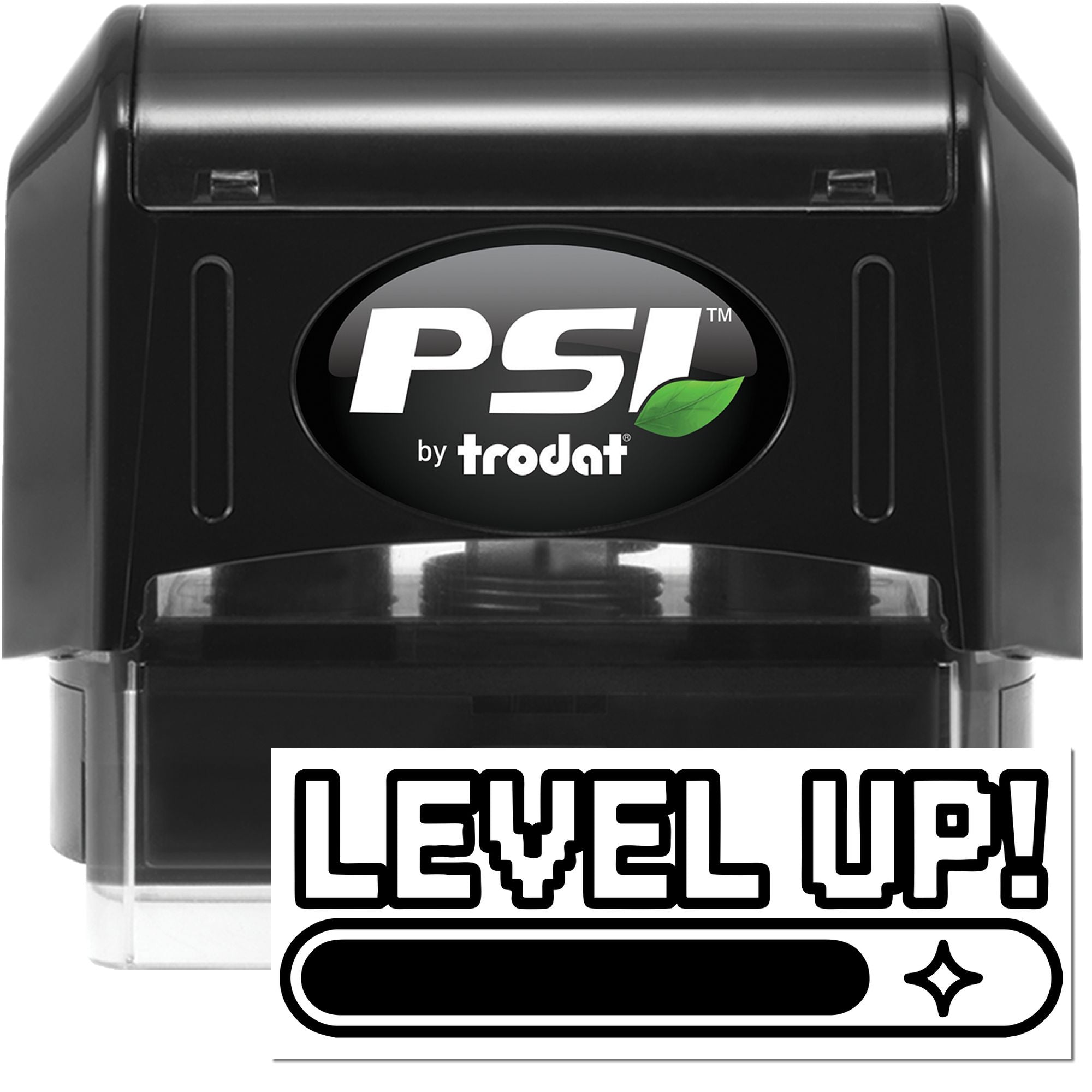 PSI by Trodat self-inking rubber stamp with custom LEVEL UP! design for motivational branding and promotions.