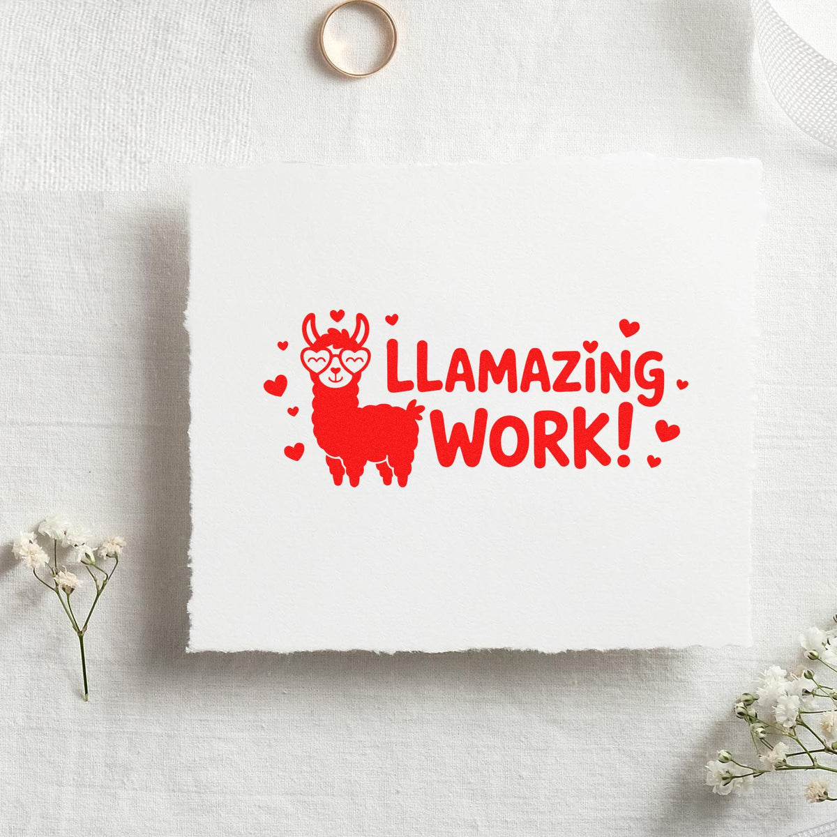 Llamazing Work llama rubber stamp design in red, ideal for teacher rewards, craft projects, and custom stamping.