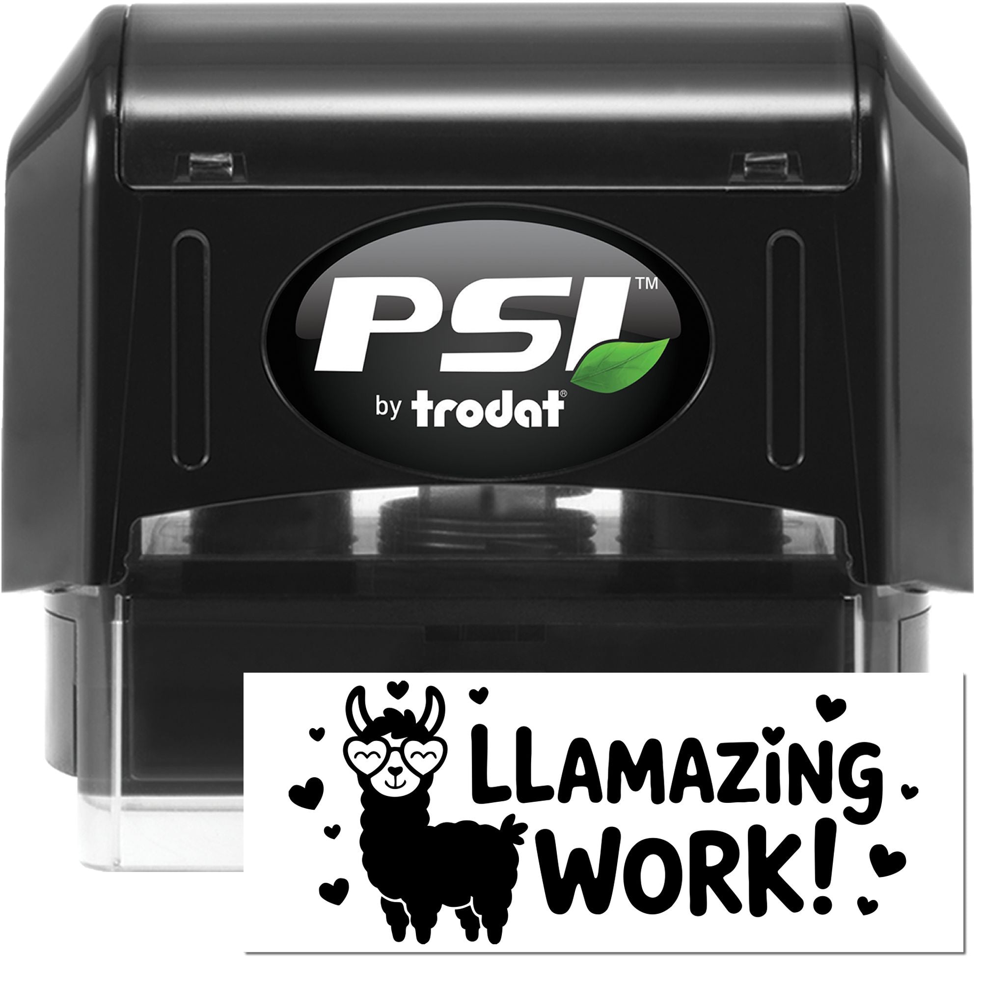 PSI by Trodat self-inking rubber stamp with Llamazing Work! alpaca design for rewarding student or office achievements.