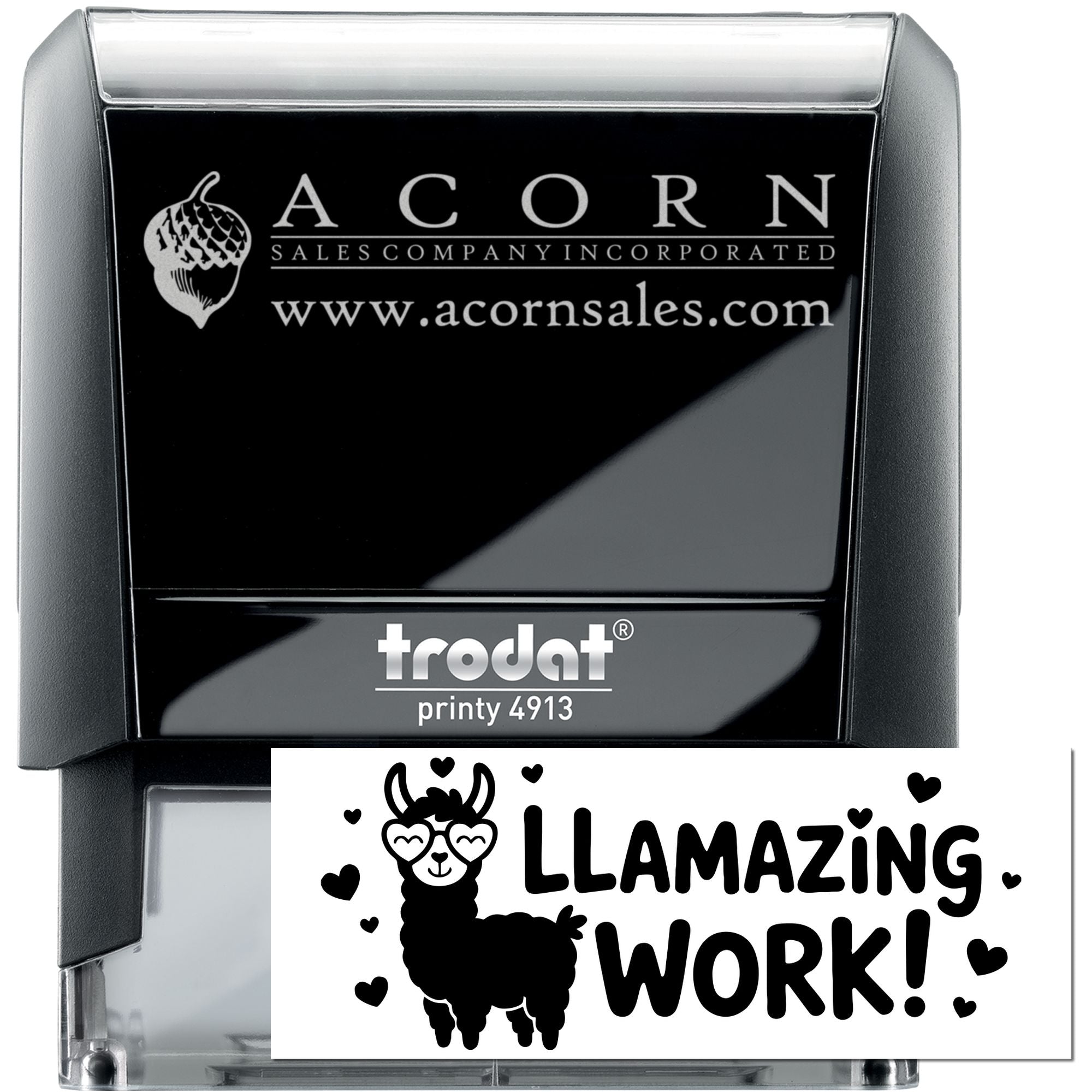 Custom self-inking rubber stamp, Trodat Printy 4913, featuring Acorn Sales logo and Llamazing Work design.