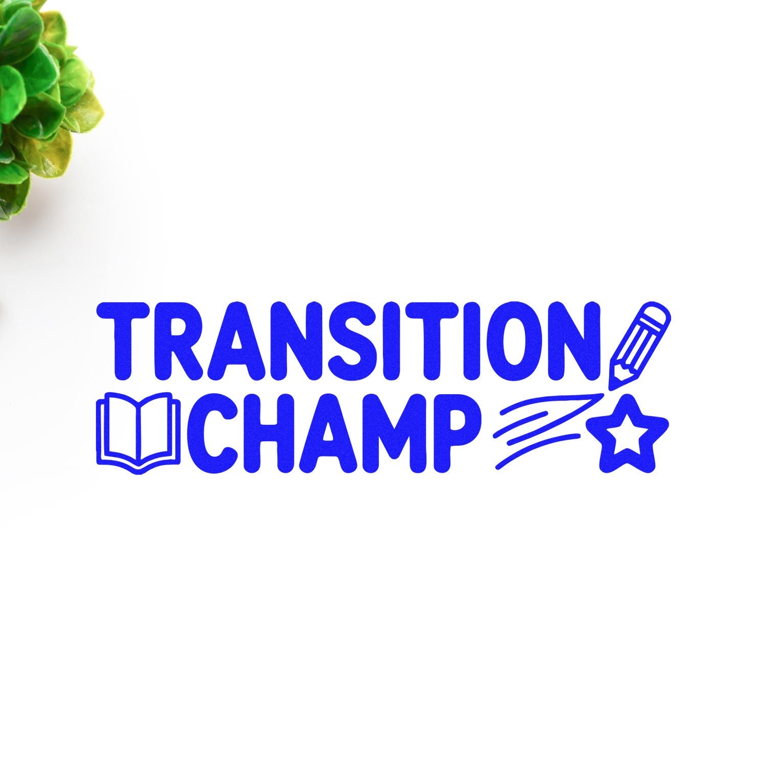 Transition Champ rubber stamp design with book, pencil and star icons for student achievement awards