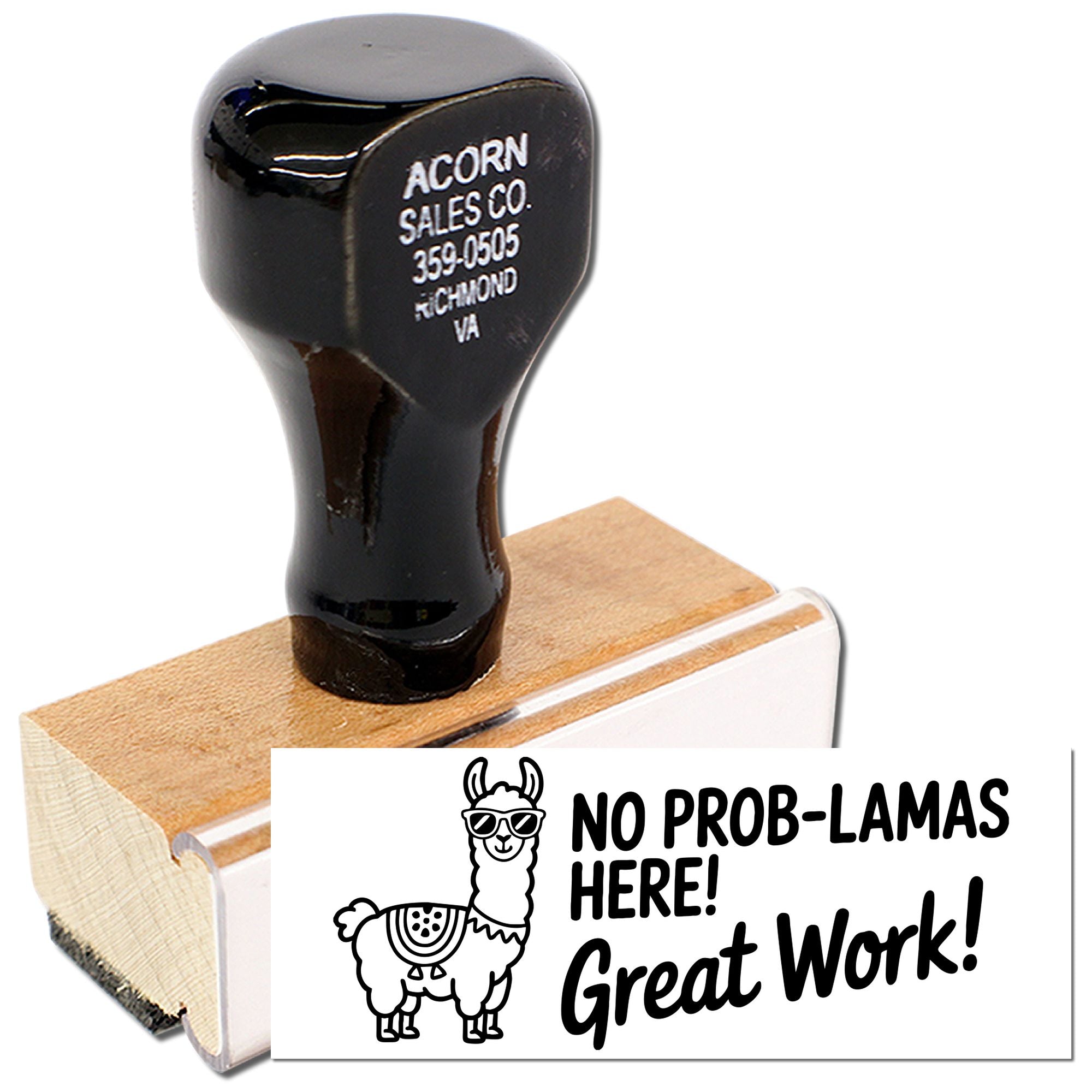 Custom llama rubber stamp with No Prob-llamas Here! Great Work! message for office praise, teacher rewards, or craft use.