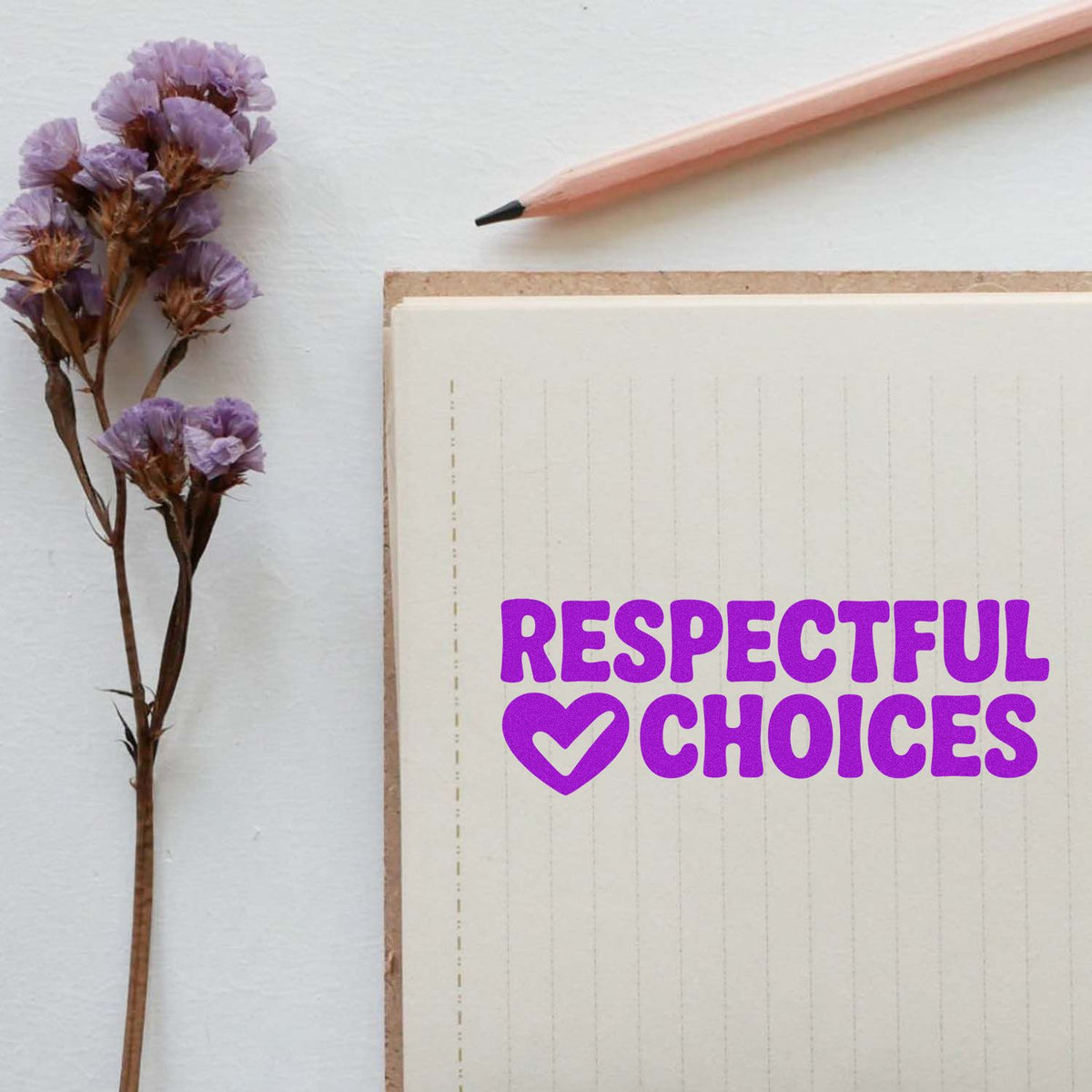 Respectful Choices heart rubber stamp design in purple on notebook page, ideal for planners, journaling, and custom stationery.