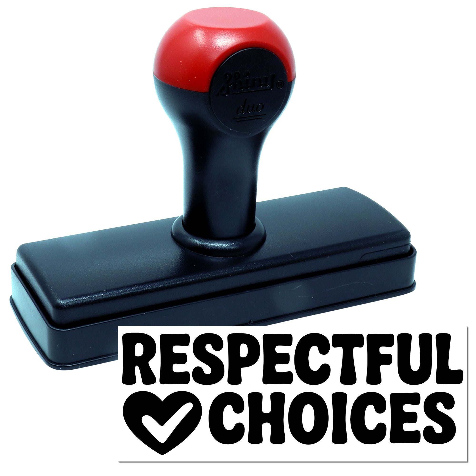 Self-inking rubber stamp with Respectful Choices text and heart checkmark design for positive behavior messaging.