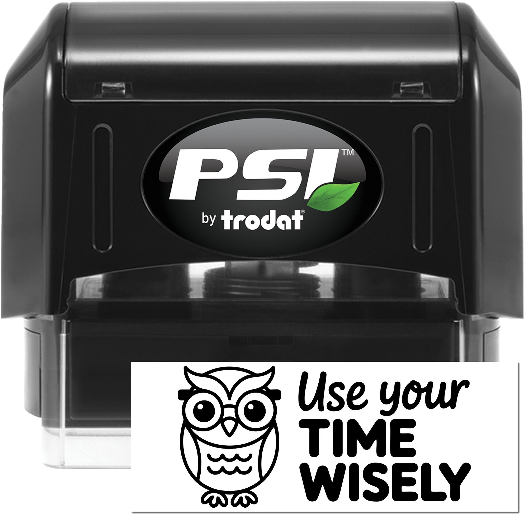 PSI by Trodat self-inking rubber stamp with owl design and Use Your Time Wisely message for office productivity.