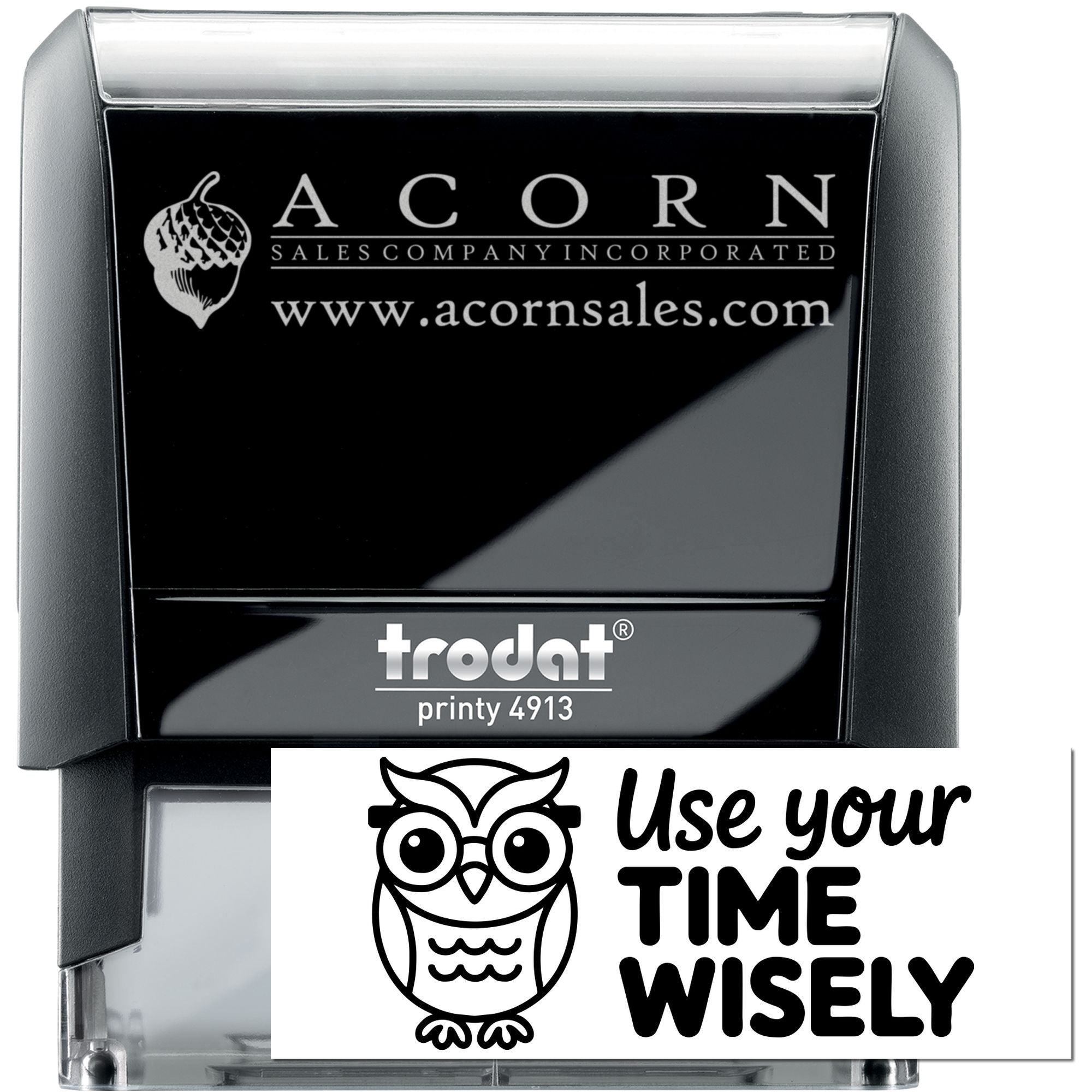Custom self-inking rubber stamp set, Trodat Printy 4913, featuring Acorn Sales logo and Use Your Time Wisely owl design.