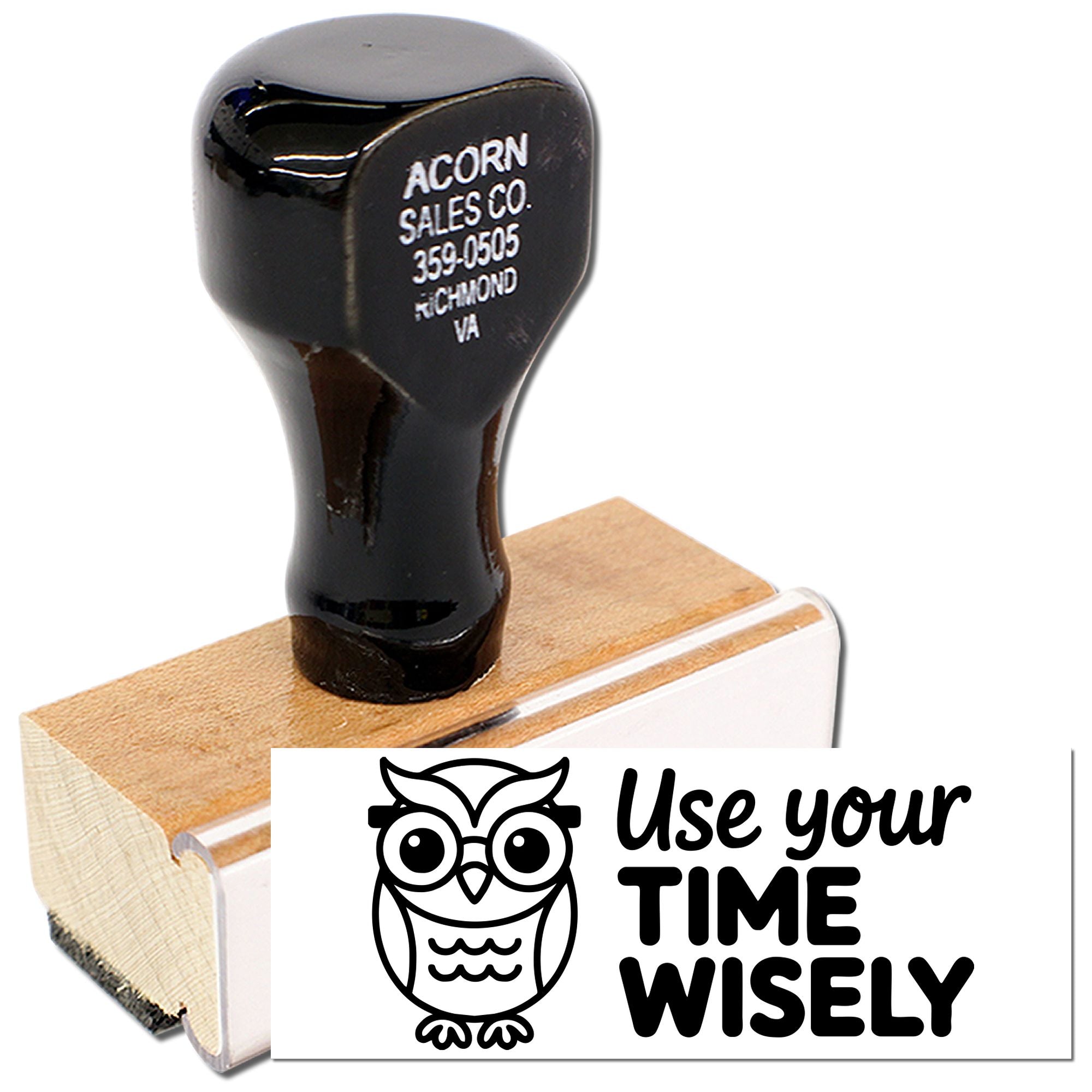 Custom rubber stamp with owl logo and Use Your Time Wisely message for business branding and office use