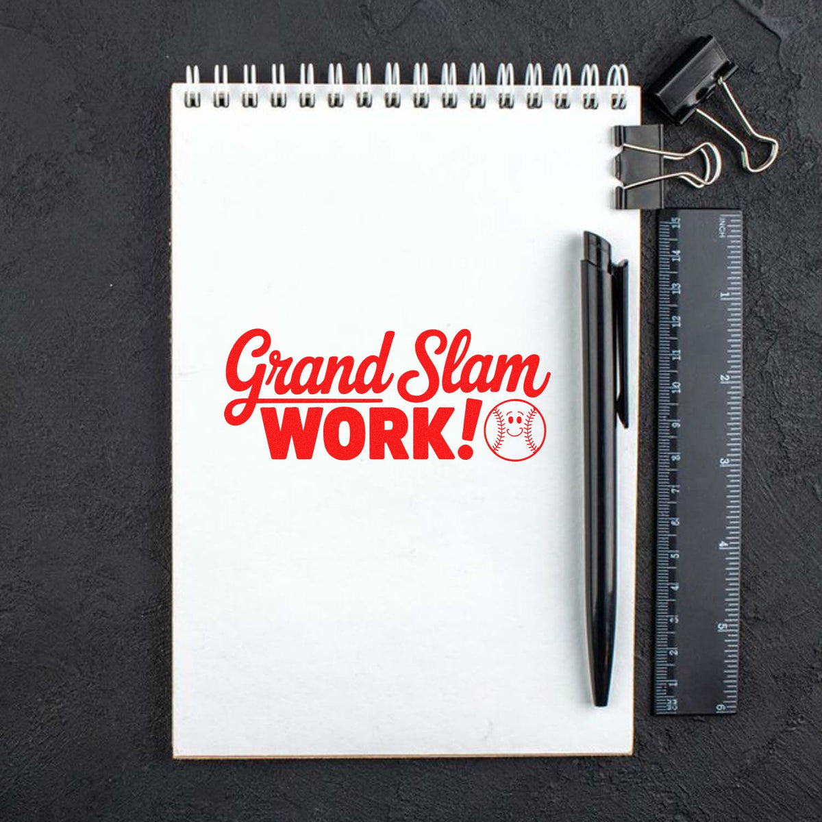 Baseball-themed rubber stamp design reading Grand Slam Work! in red, perfect for custom sports coaching and office stamps.