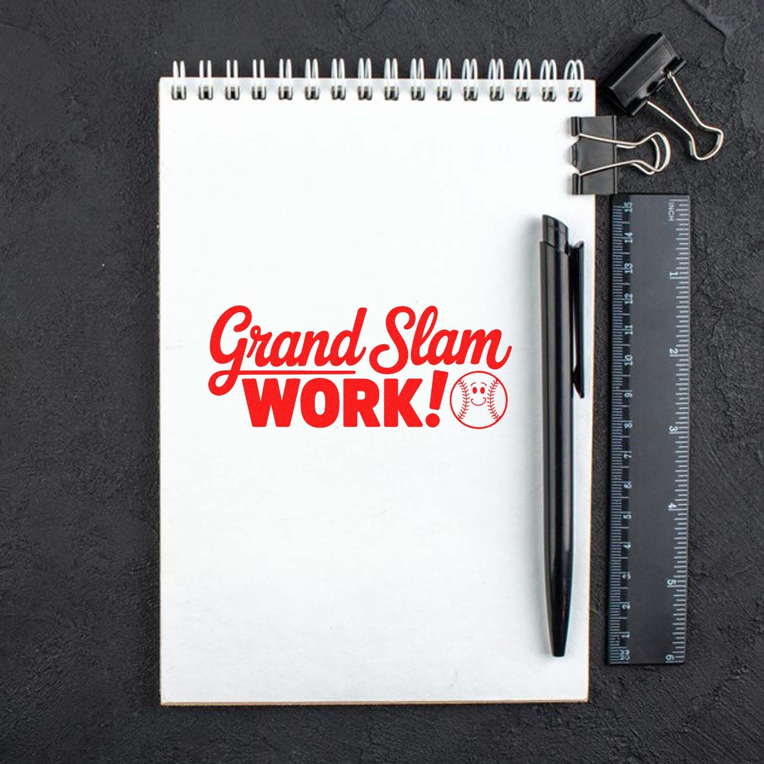 Grand Slam Work baseball rubber stamp mockup on notebook for sports-themed office stationery