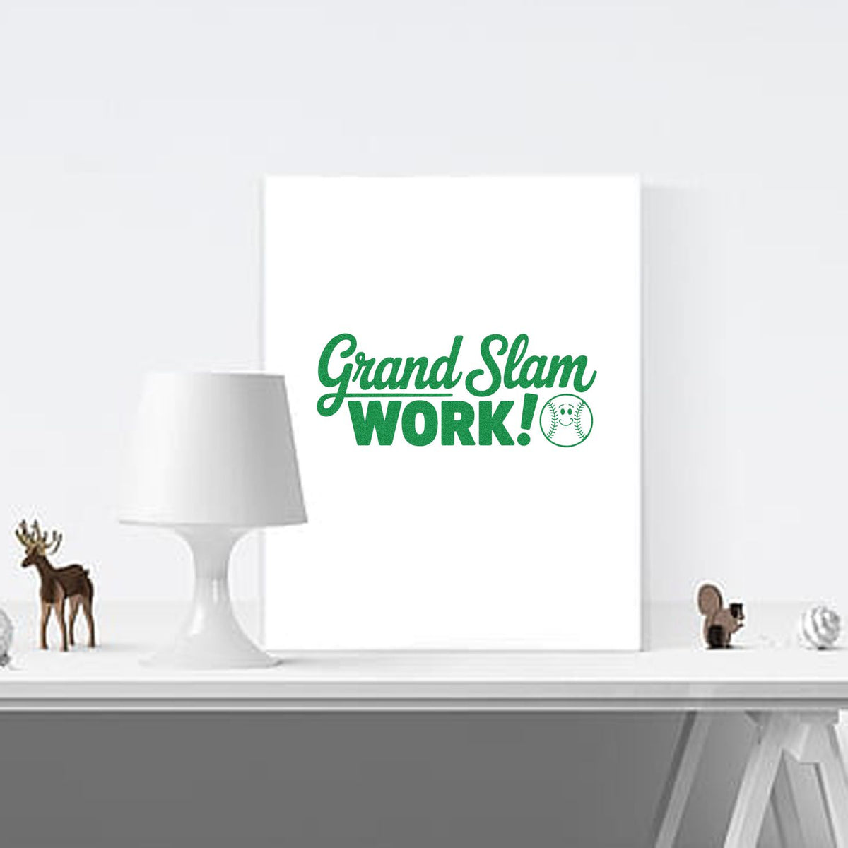 Baseball-themed custom rubber stamp mockup with Grand Slam Work! text for coach awards, team gifts, or classroom praise.