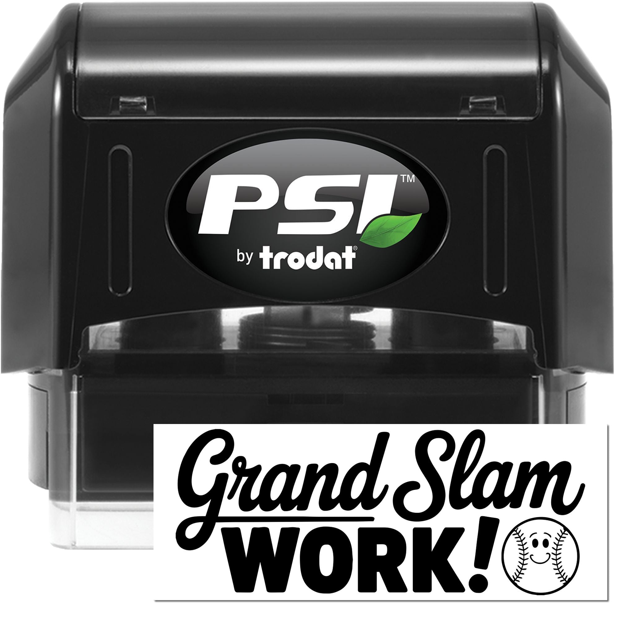 PSI by Trodat self-inking rubber stamp with Grand Slam Work baseball design for office approval or sports-themed branding