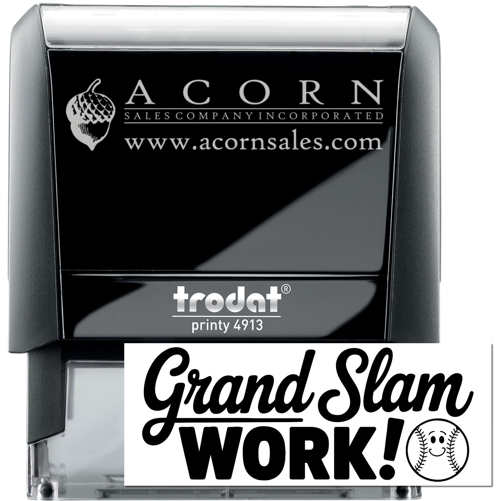 Custom self-inking rubber stamp with Acorn Sales Company logo and website, Trodat Printy 4913, ideal for business branding.
