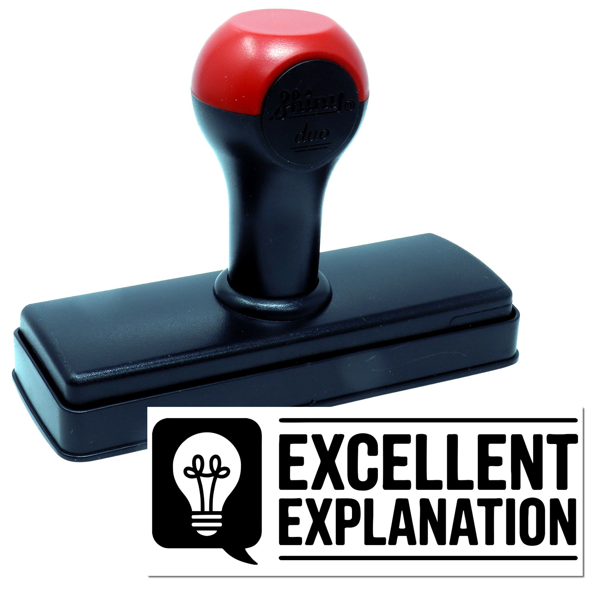 Self-inking rubber stamp with Excellent Explanation imprint and lightbulb icon for teacher feedback and office use.