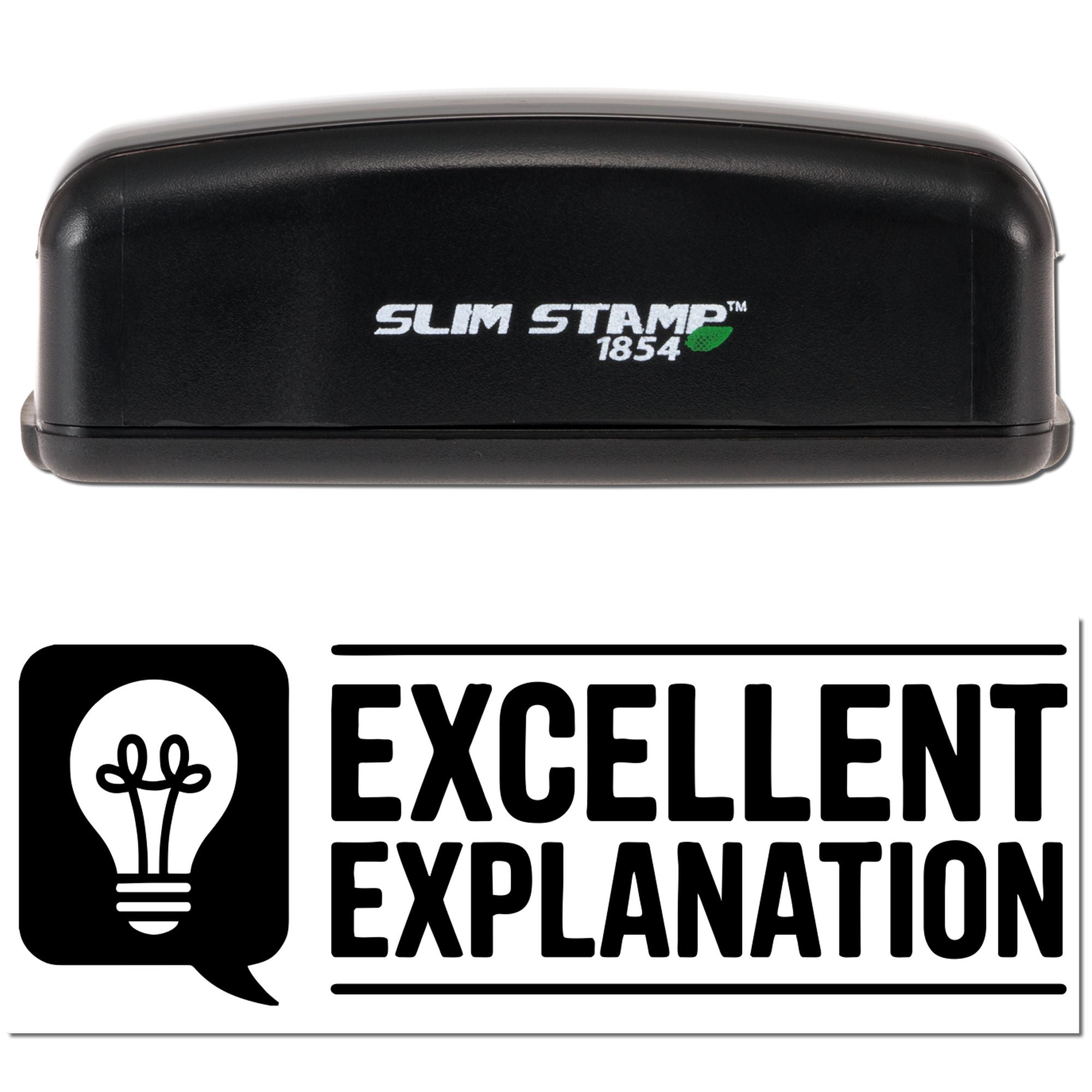 Custom Slim Stamp 1854 rubber stamp with Excellent Explanation lightbulb design for teacher feedback and document marking.