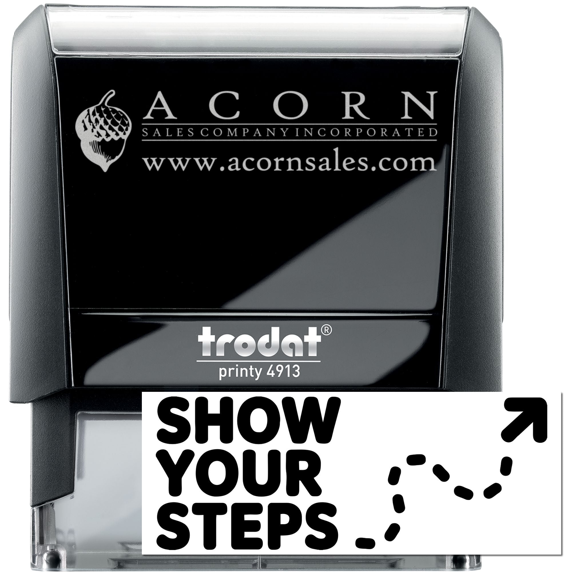 Custom self-inking rubber stamp with Acorn Sales Company logo and website, Trodat Printy 4913 business stamp.