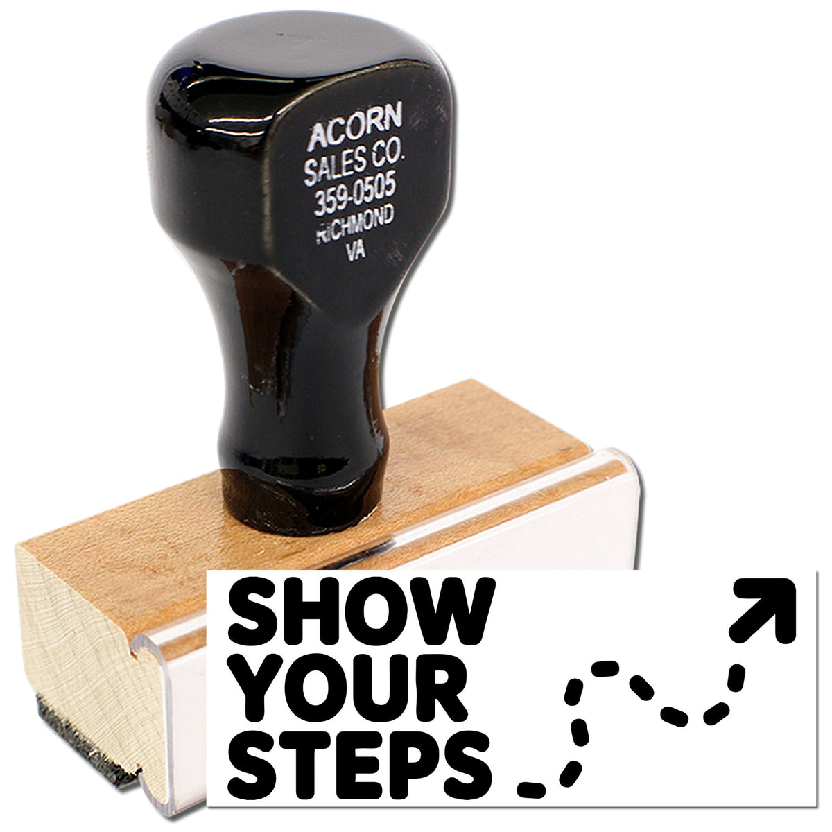 Custom rubber stamp with wood handle for business logo and address imprint, ideal for company branding and return mail use.