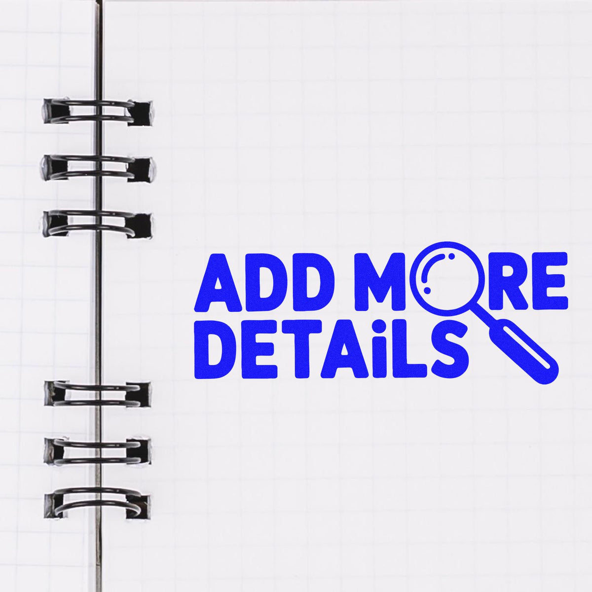 Custom rubber stamp design with Add More Details text for notebooks, planners, and office organization.
