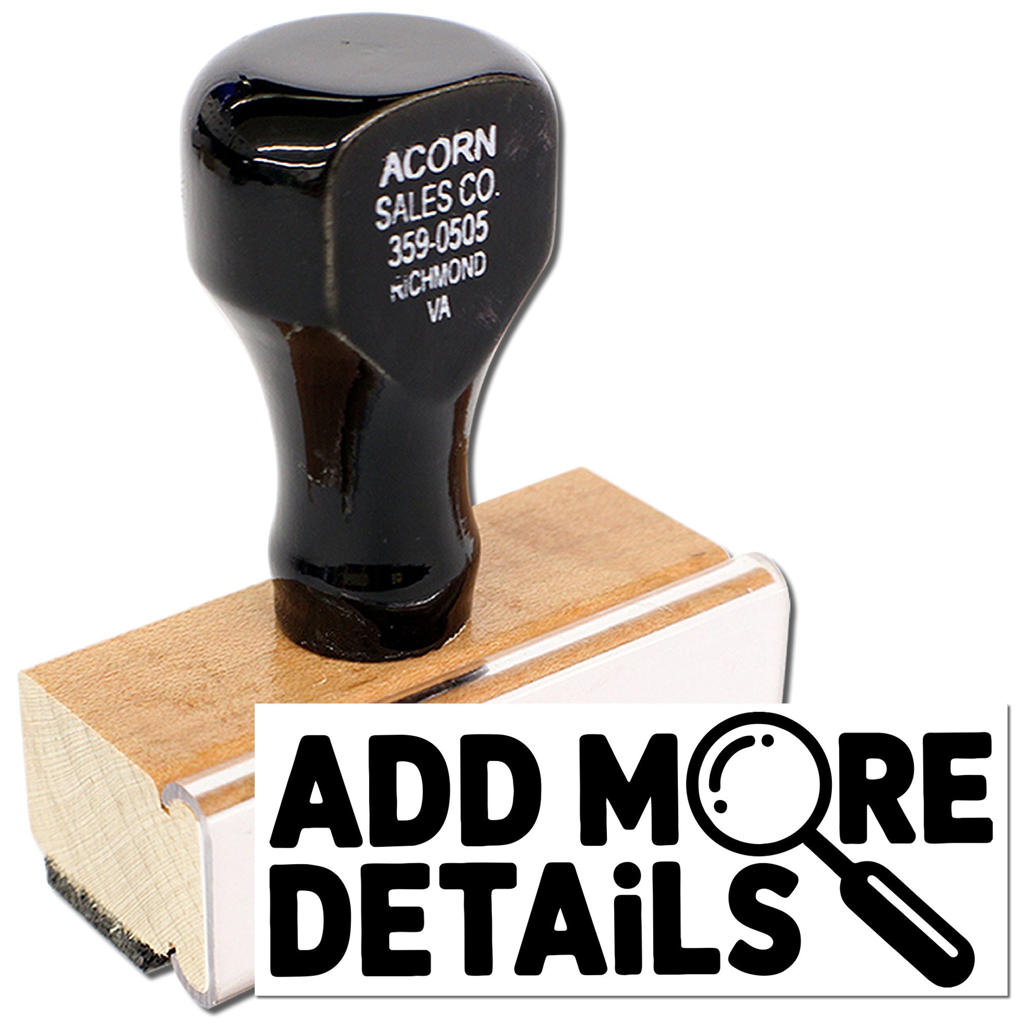 Custom rubber stamp with Add More Details text, ideal for business branding, office paperwork, and promotional use.