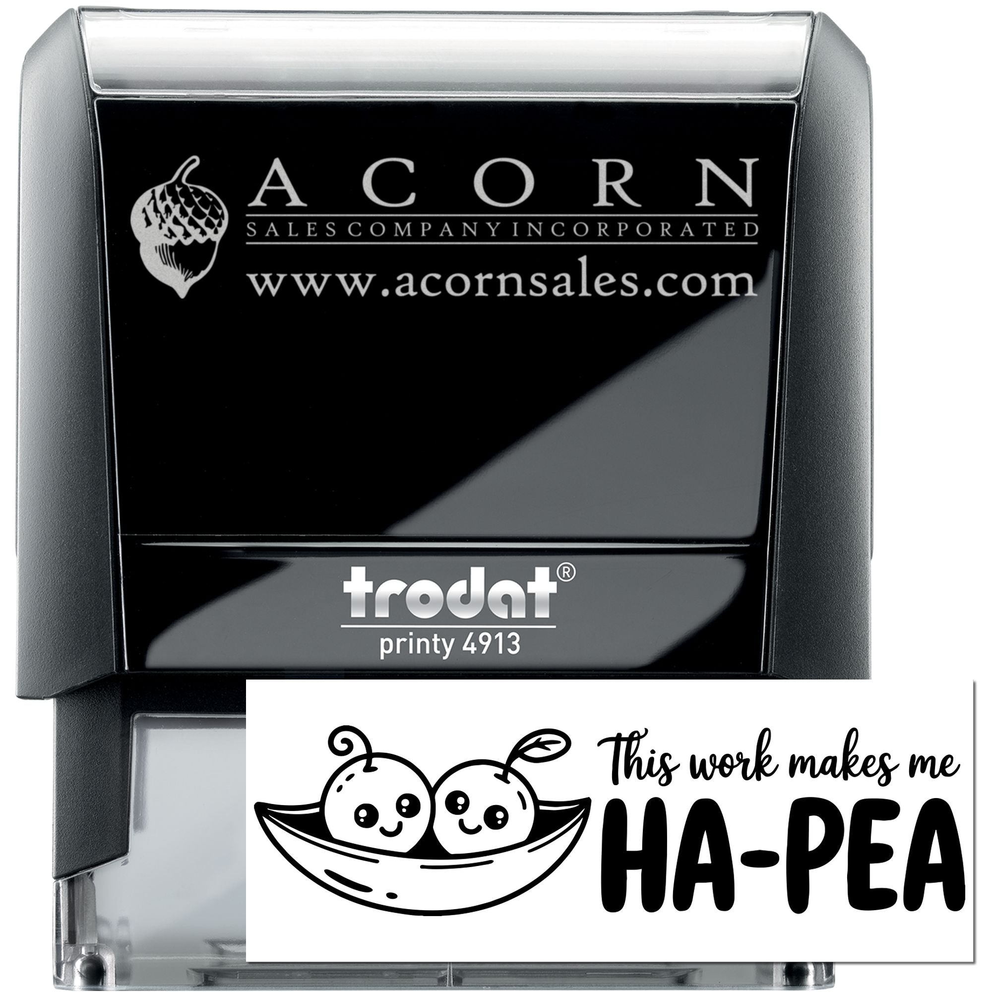 Trodat Printy 4913 custom self-inking rubber stamp with Acorn Sales Company logo and website.
