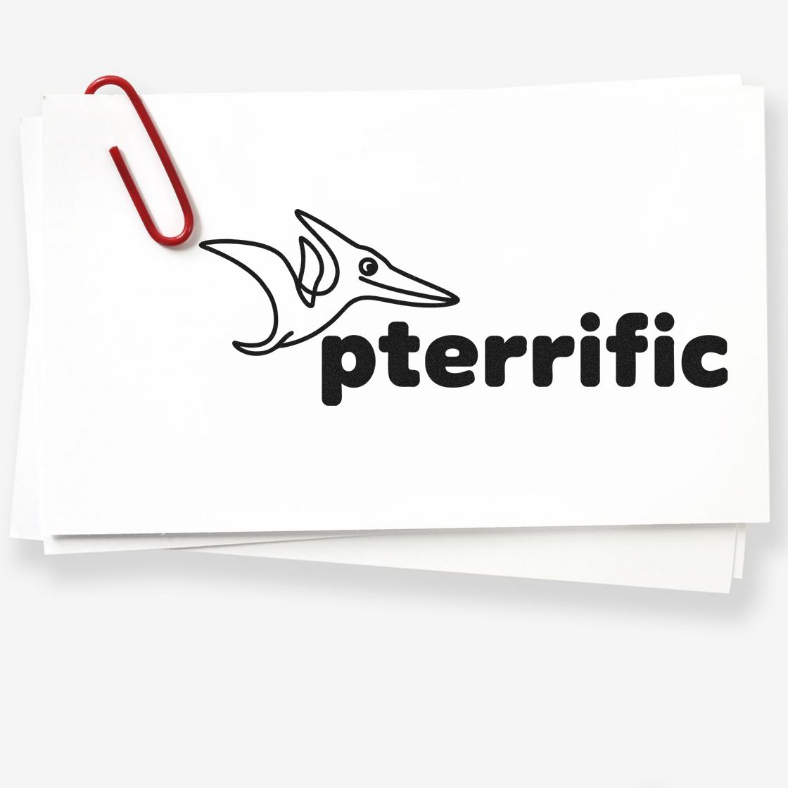 Pterrific custom rubber stamp design with pterodactyl graphic for playful dinosaur-themed office or classroom use.