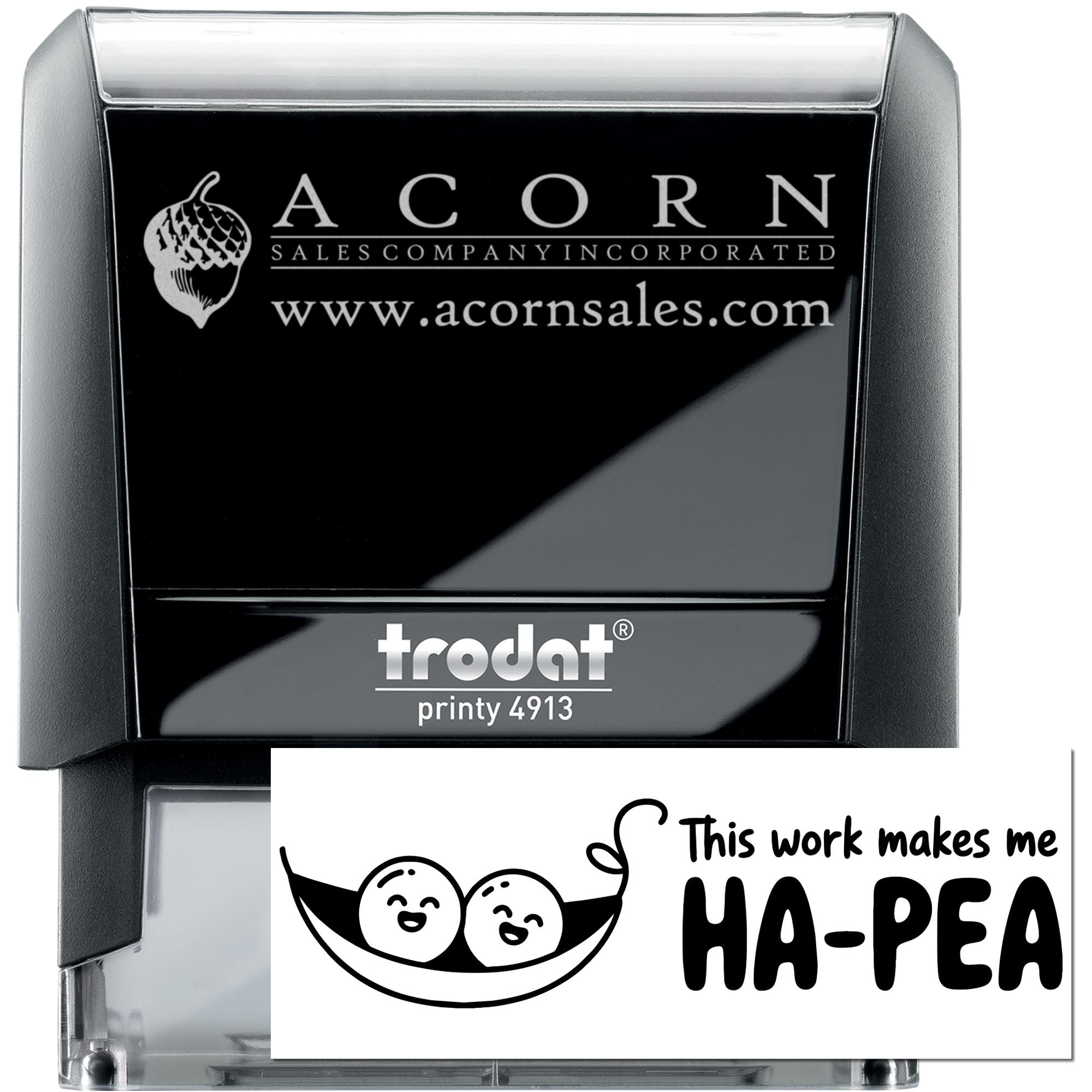 Custom self-inking rubber stamp examples: Trodat Printy 4913 with Acorn Sales Company logo, website, and a playful pea-themed design.