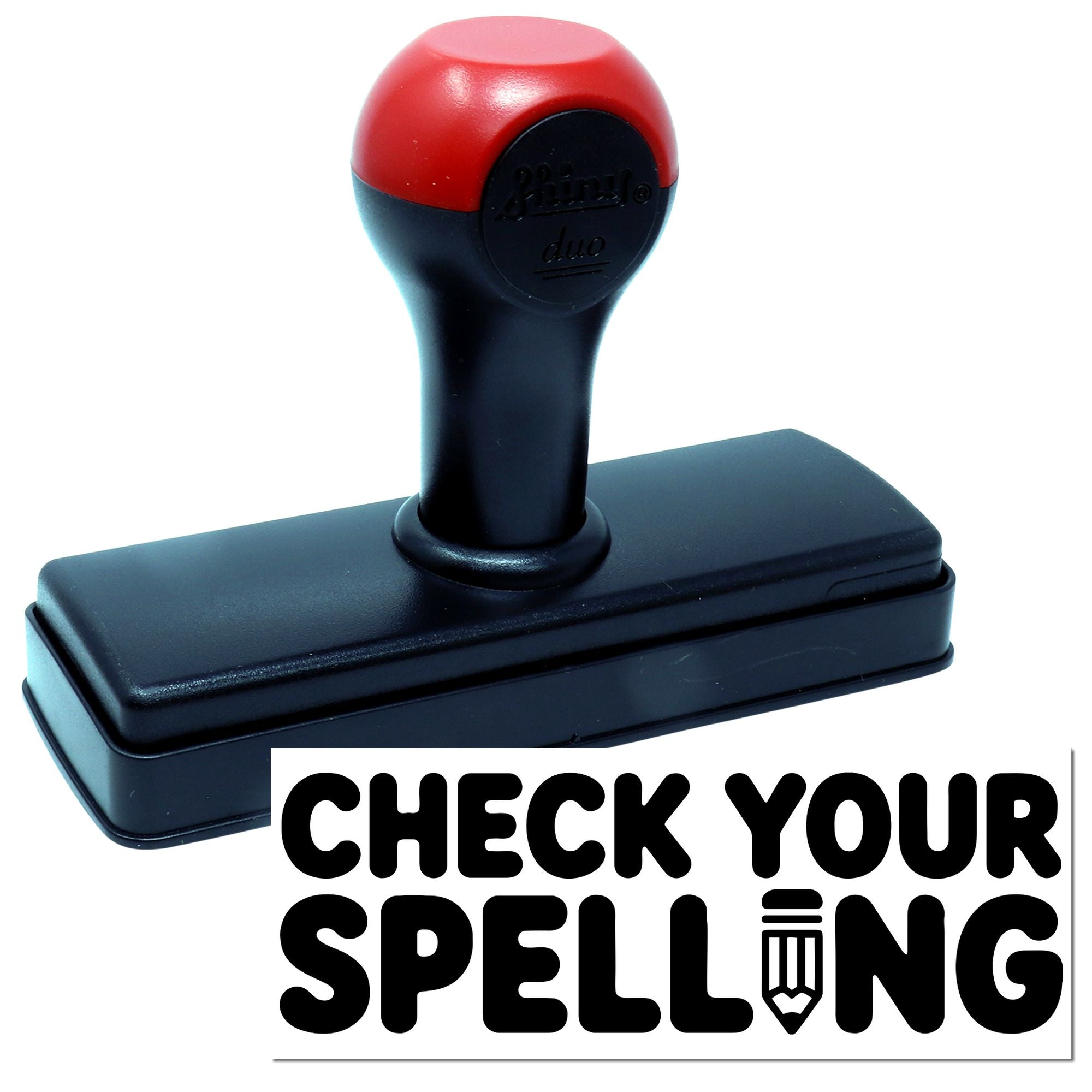 Self-inking rubber stamp with Check Your Spelling message for proofreading, classroom, and office use.