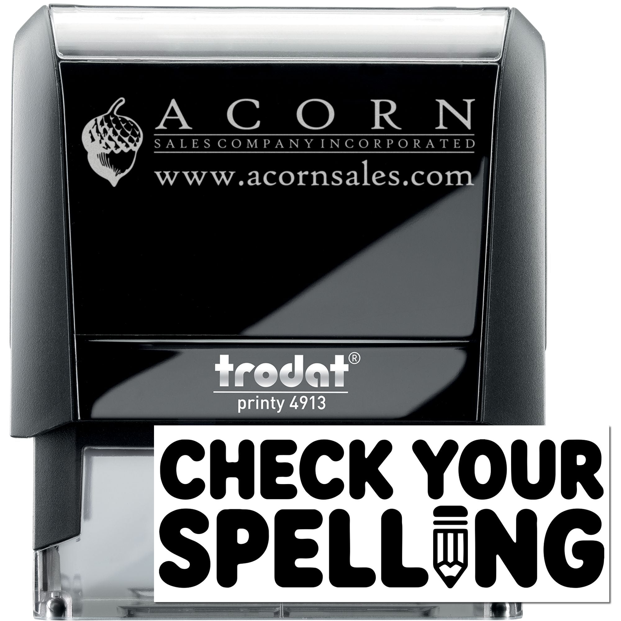 Custom self-inking rubber stamp, Trodat Printy 4913, featuring Acorn Sales Company logo and website for business branding.
