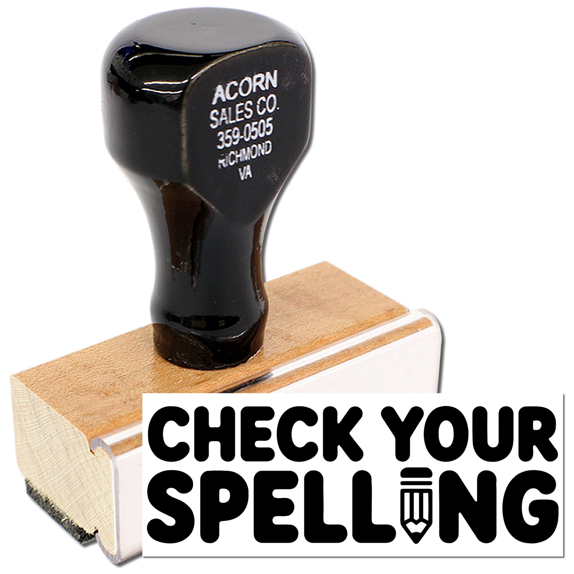 Rubber stamp marked Check Your Spelling for proofreading, teacher feedback, and office use.