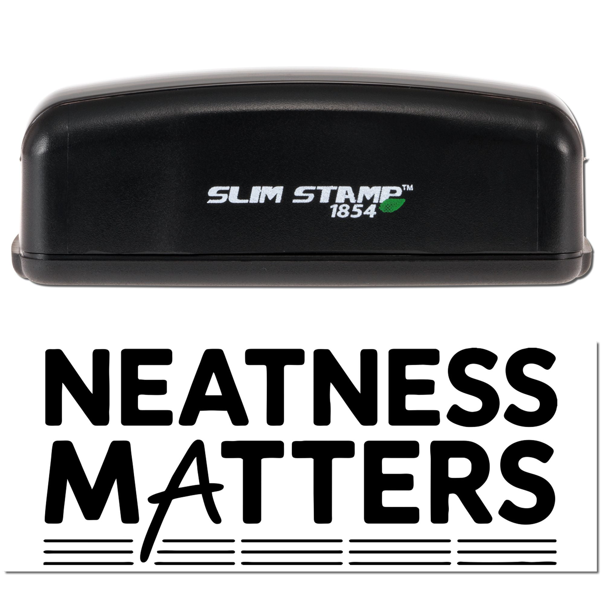 Slim Stamp 1854 rubber stamp with Neatness Matters design, black slim self-inking stamp for office and classroom use
