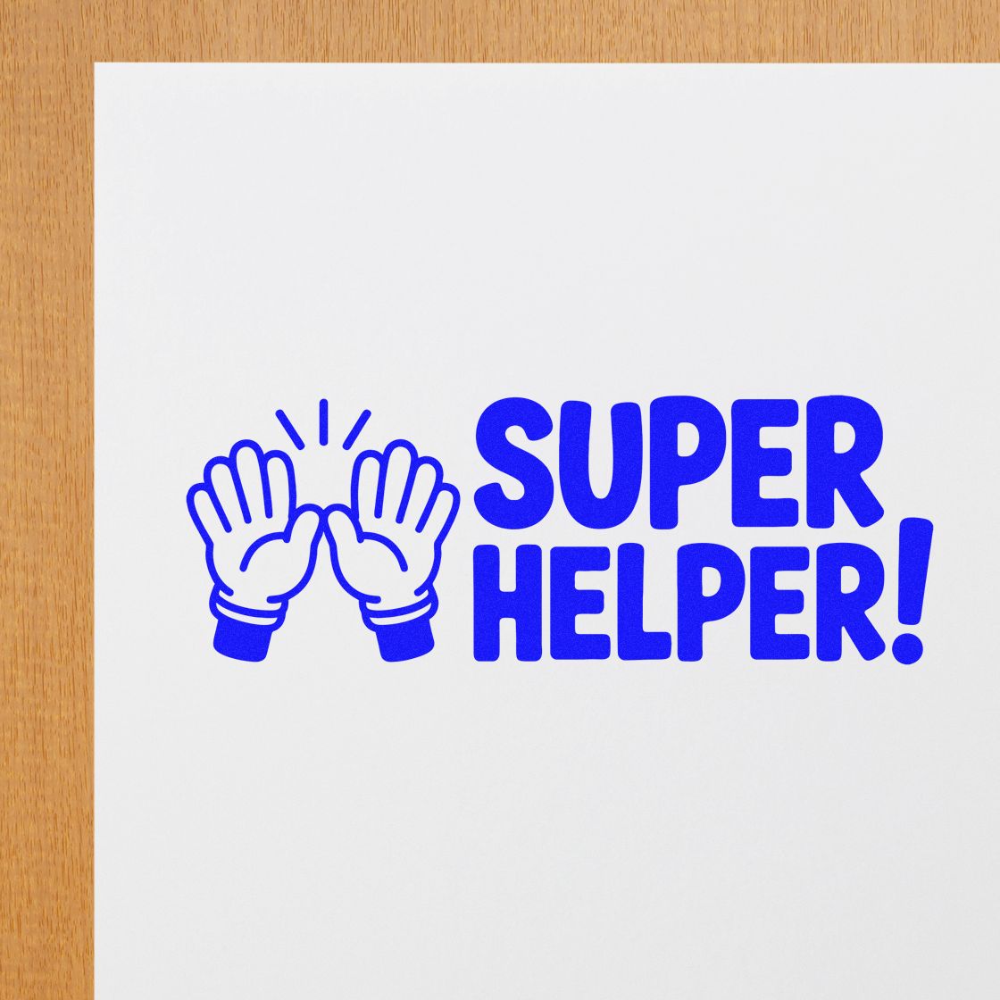 Super Helper rubber stamp design with blue clapping hands icon for classroom rewards, appreciation gifts, and recognition.