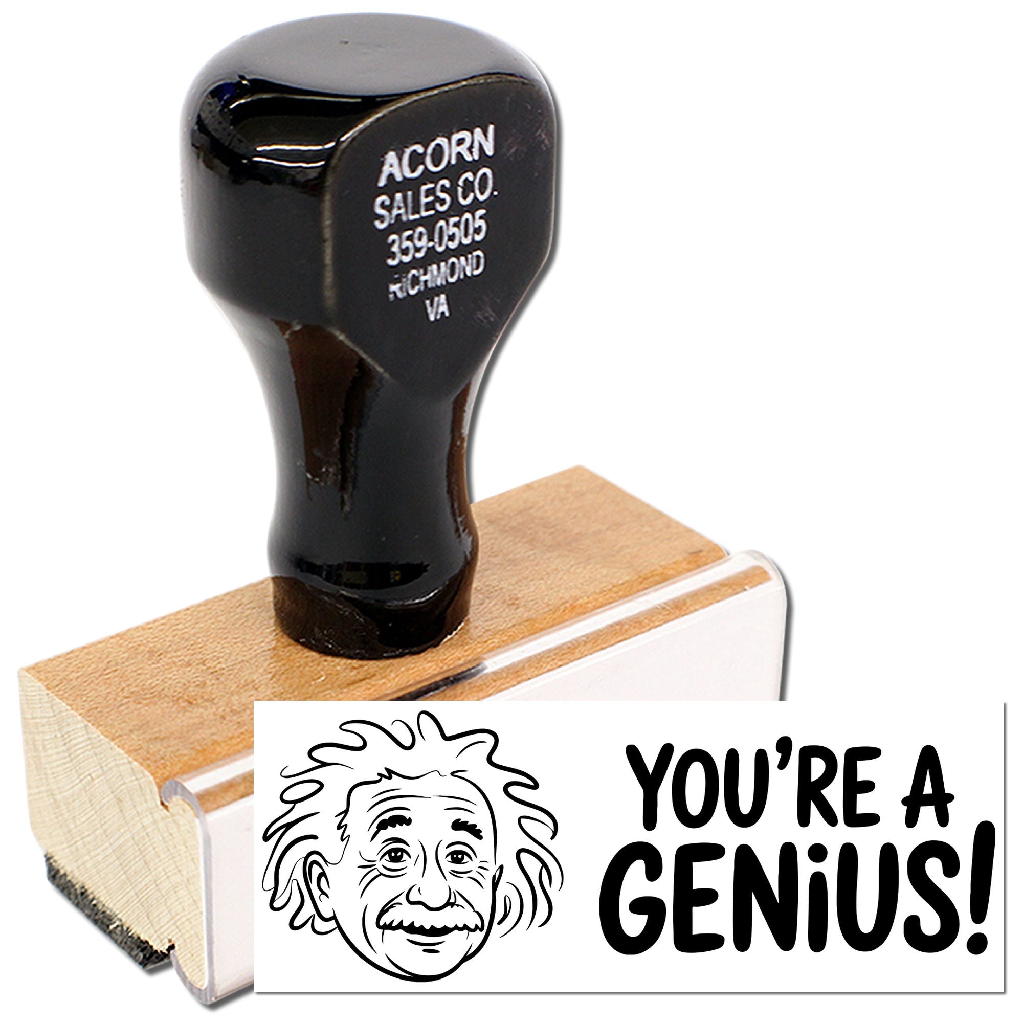 Custom rubber stamp with Einstein caricature and Youre a Genius! for office, classroom, or reward stamping.