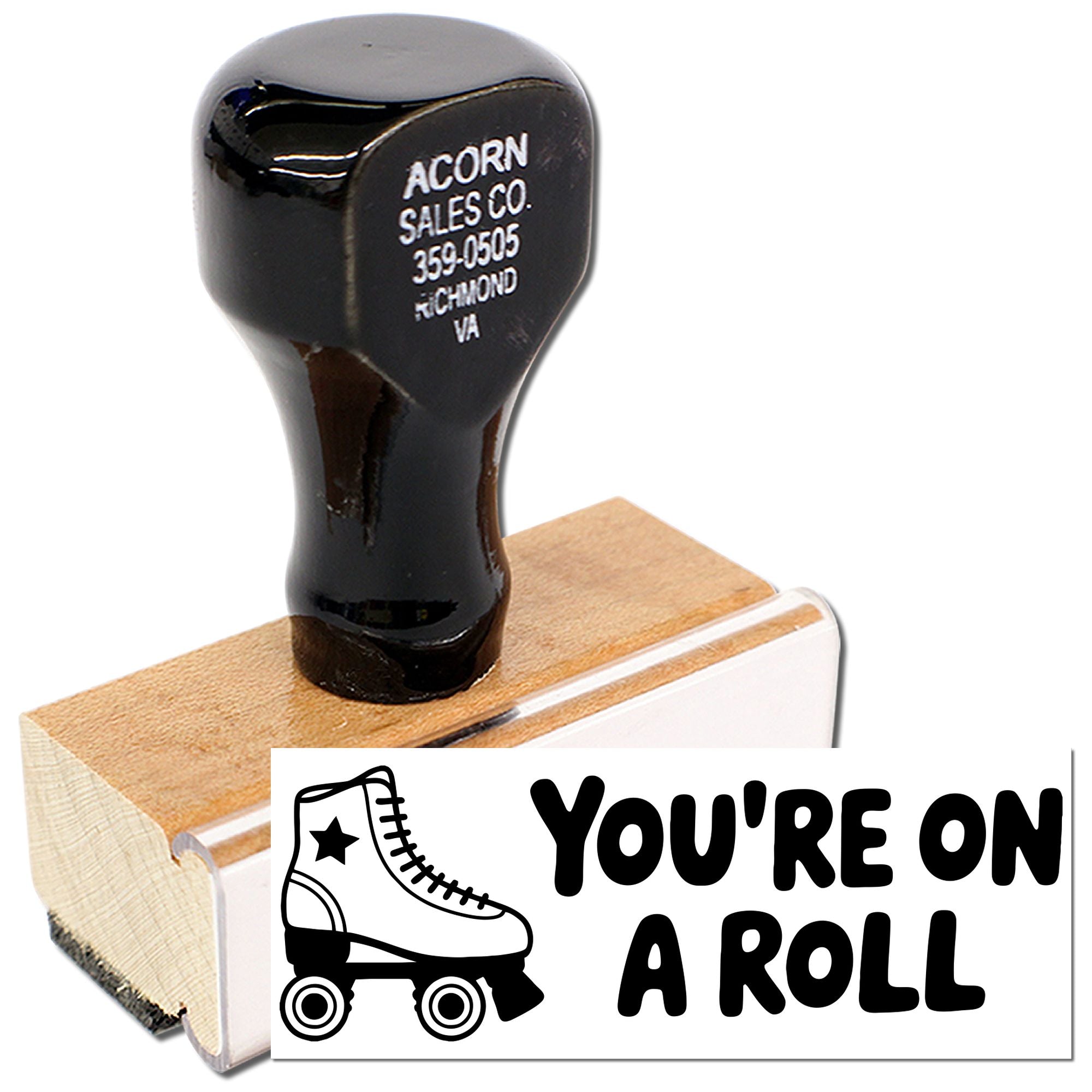 Custom rubber stamp with Youre on a Roll roller skate design for stationery, crafts, and business branding.